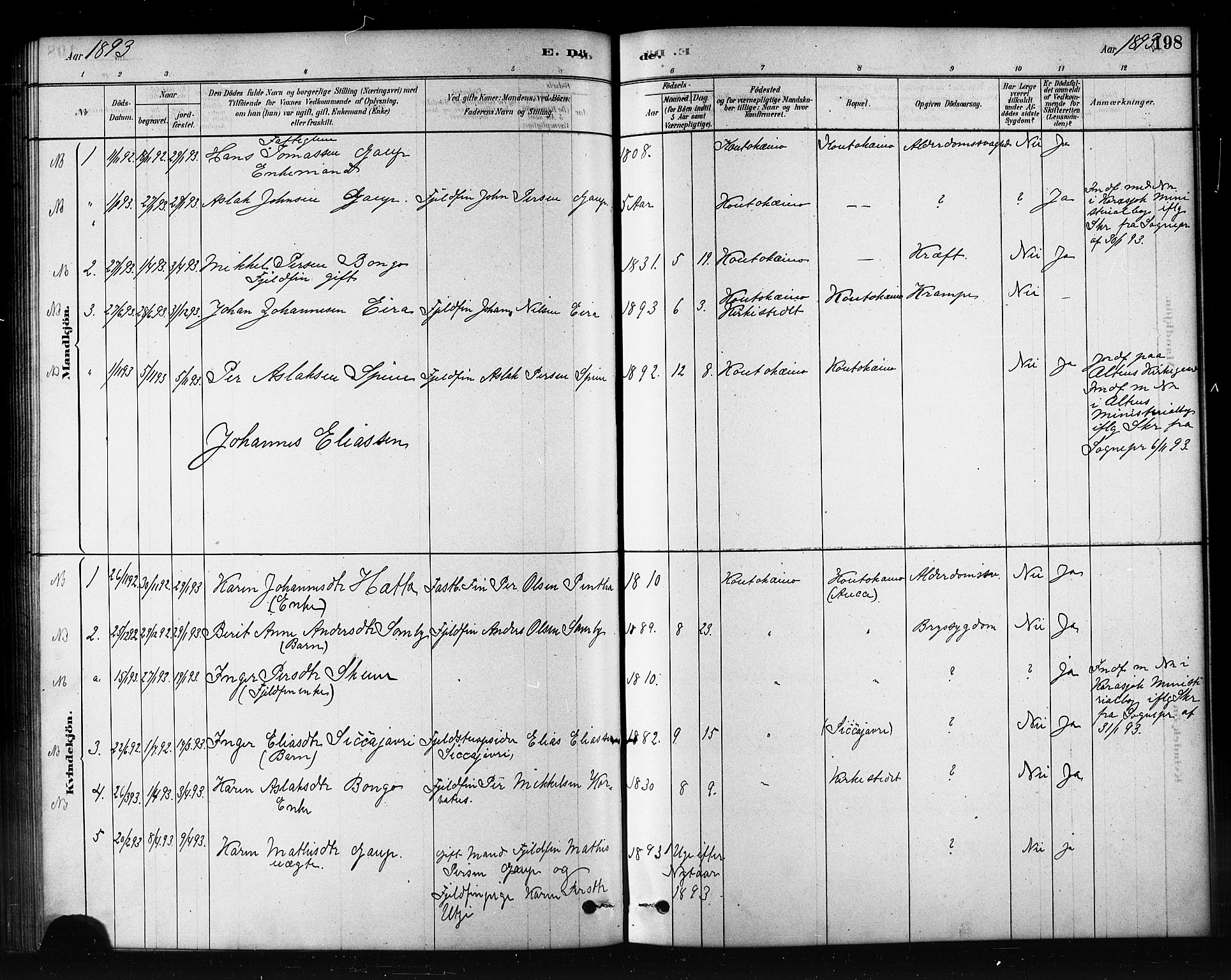 Kautokeino sokneprestembete, AV/SATØ-S-1340/H/Hb/L0002.klokk: Parish register (copy) no. 2, 1877-1896, p. 198