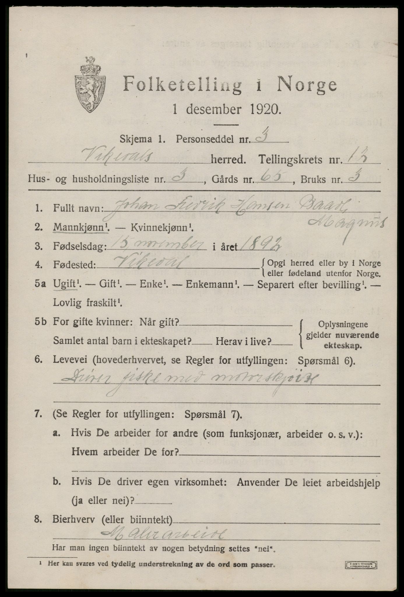 SAST, 1920 census for Vikedal, 1920, p. 3783