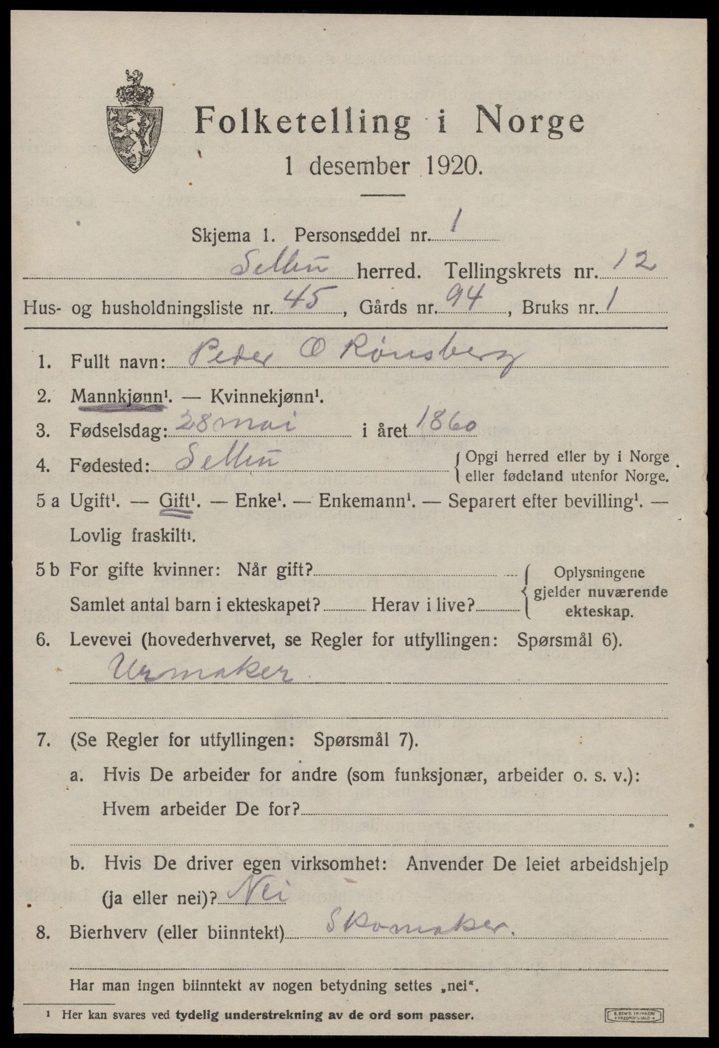 SAT, 1920 census for Selbu, 1920, p. 7008