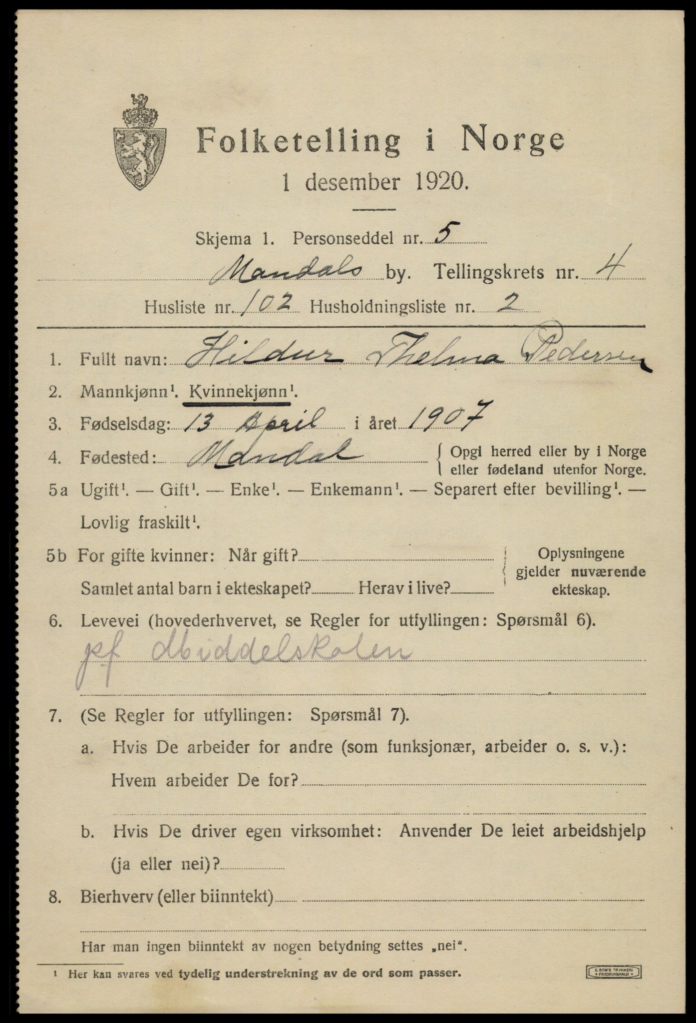 SAK, 1920 census for Mandal, 1920, p. 8129