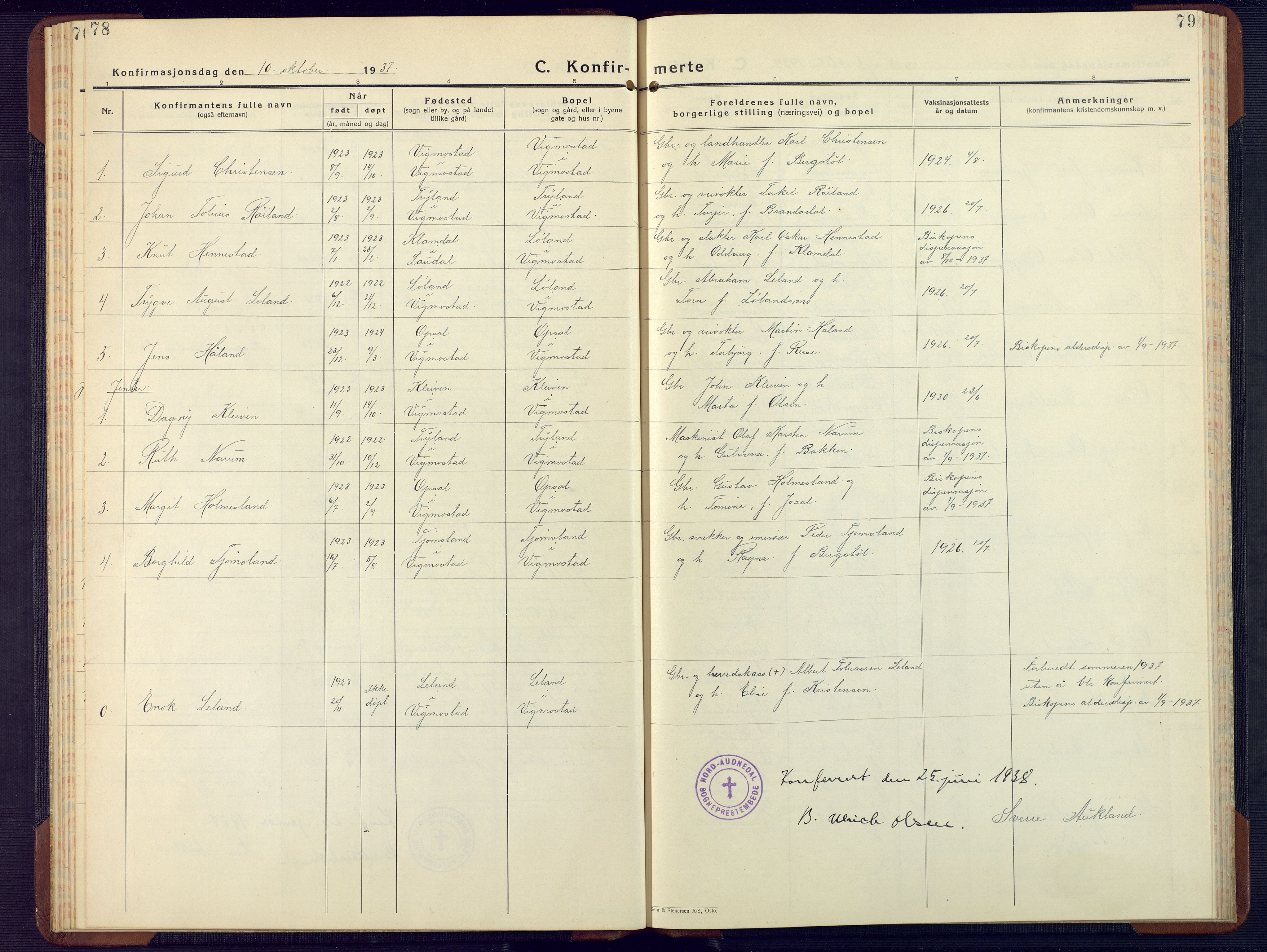 Nord-Audnedal sokneprestkontor, SAK/1111-0032/F/Fb/Fbb/L0006: Parish register (copy) no. B 6, 1930-1948, p. 78-79