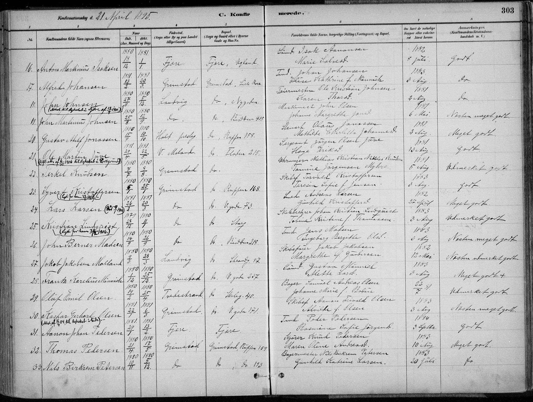 Grimstad sokneprestkontor, SAK/1111-0017/F/Fa/L0003: Parish register (official) no. A 2, 1882-1912, p. 303