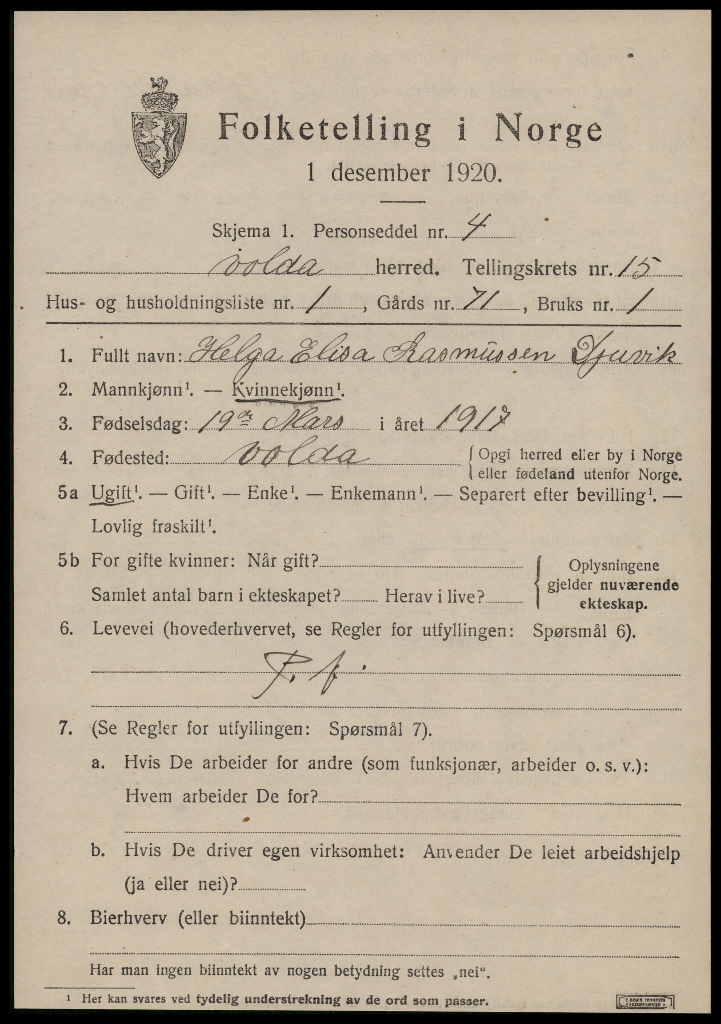 SAT, 1920 census for Volda, 1920, p. 8978