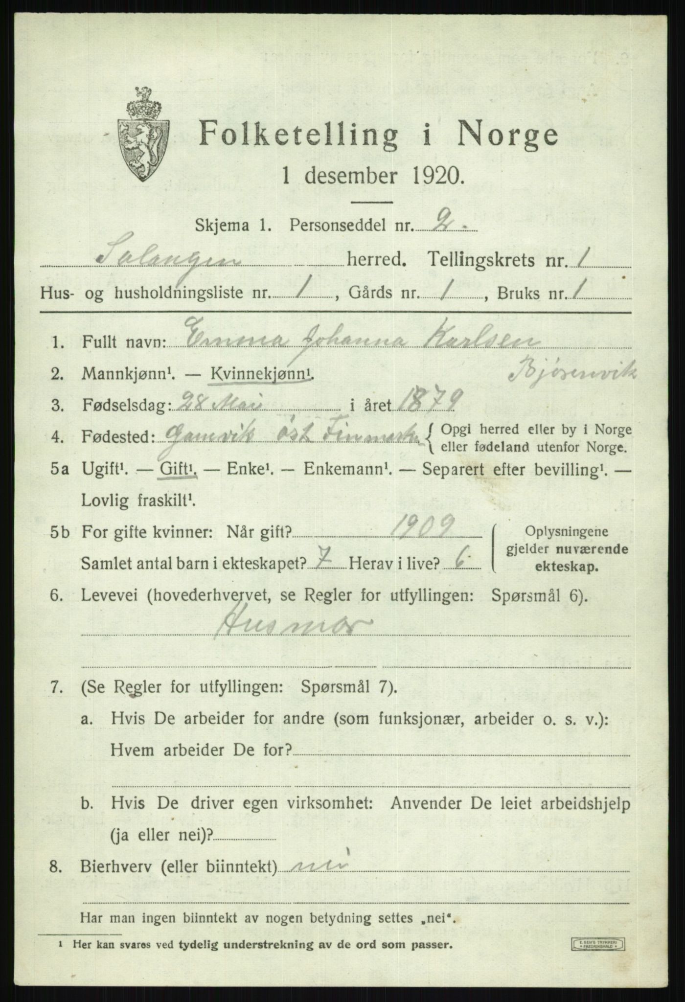 SATØ, 1920 census for Salangen, 1920, p. 940