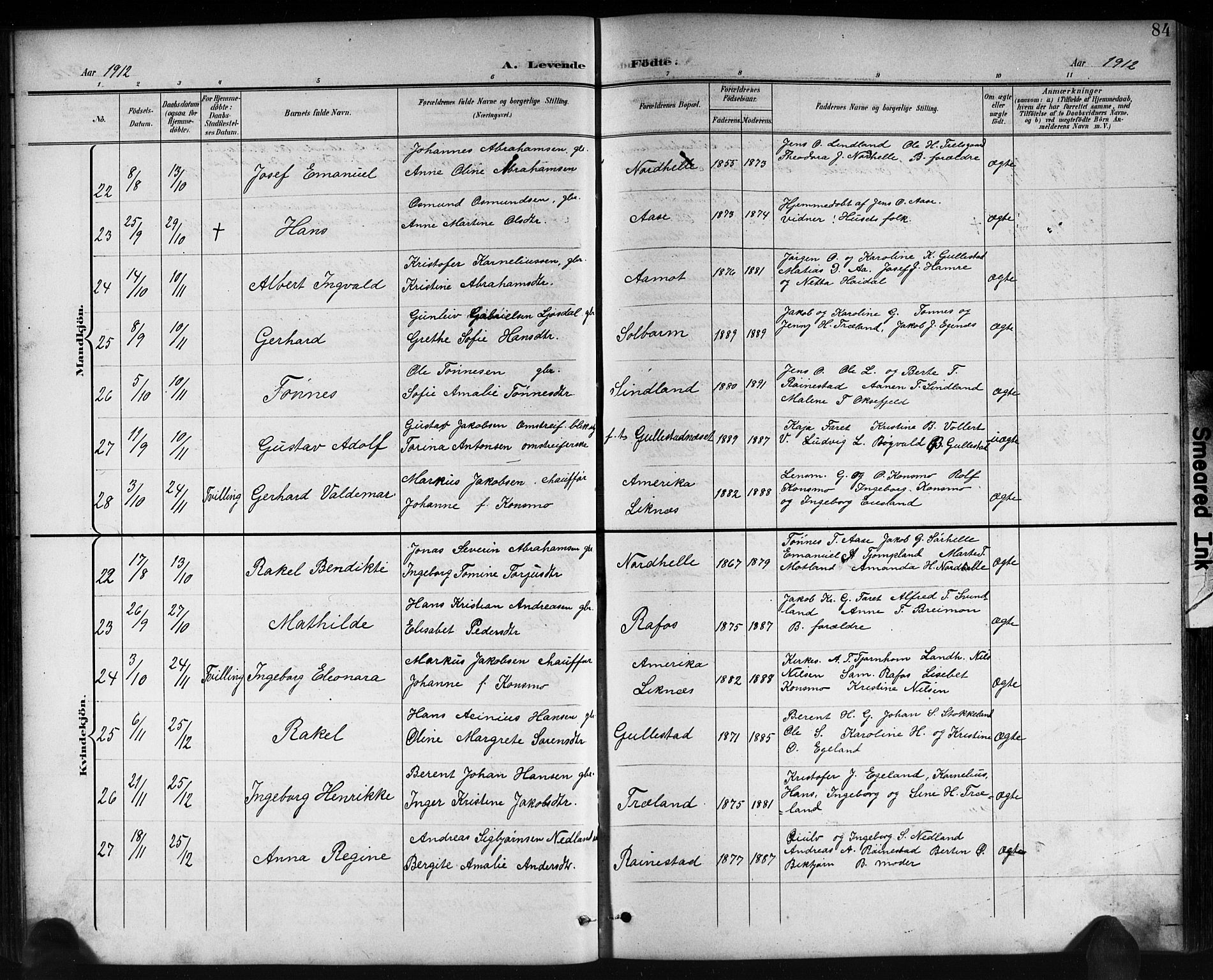 Kvinesdal sokneprestkontor, SAK/1111-0026/F/Fb/Fbb/L0003: Parish register (copy) no. B 3, 1898-1916, p. 84