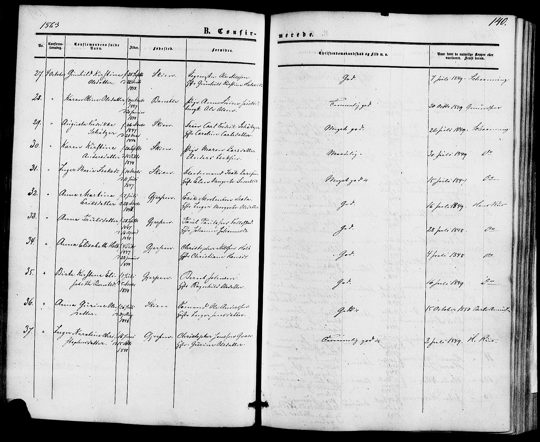 Skien kirkebøker, SAKO/A-302/F/Fa/L0007: Parish register (official) no. 7, 1856-1865, p. 140