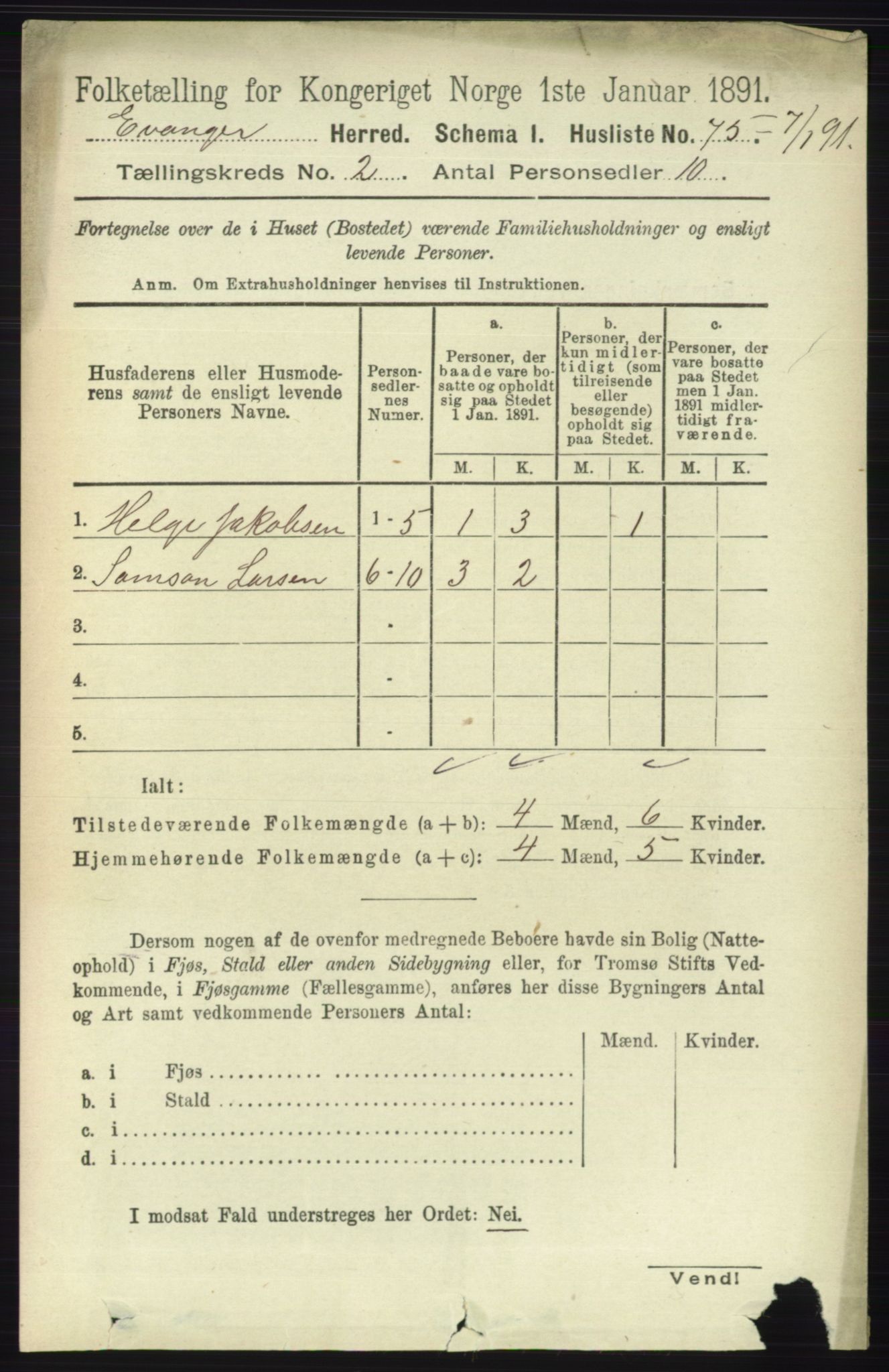 RA, 1891 census for 1237 Evanger, 1891, p. 329