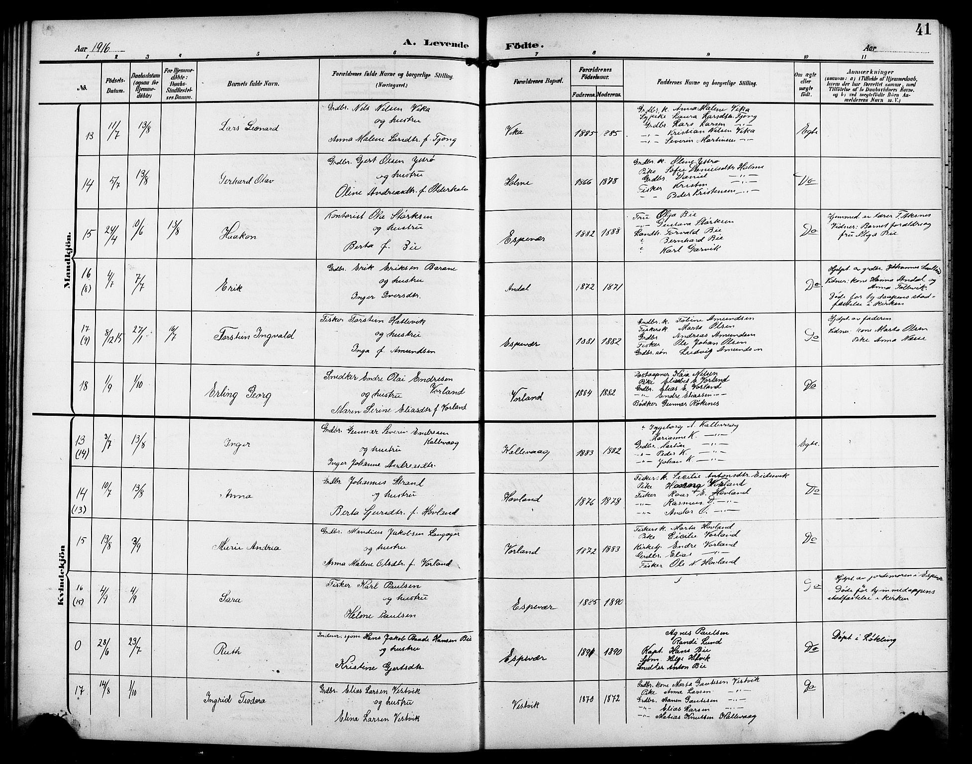 Finnås sokneprestembete, AV/SAB-A-99925/H/Ha/Hab/Habc/L0003: Parish register (copy) no. C 3, 1907-1917, p. 41