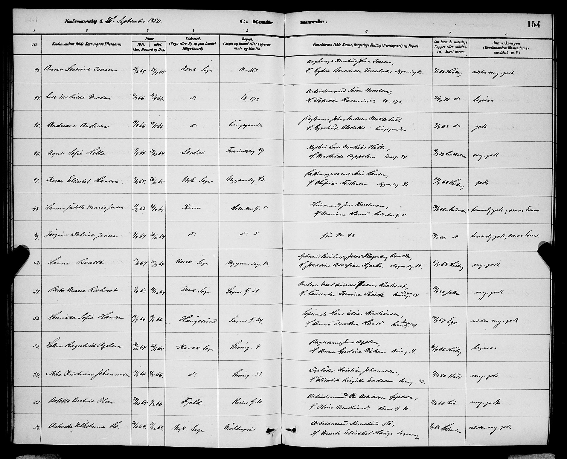 Domkirken sokneprestembete, SAB/A-74801/H/Hab/L0024: Parish register (copy) no. C 4, 1880-1899, p. 154