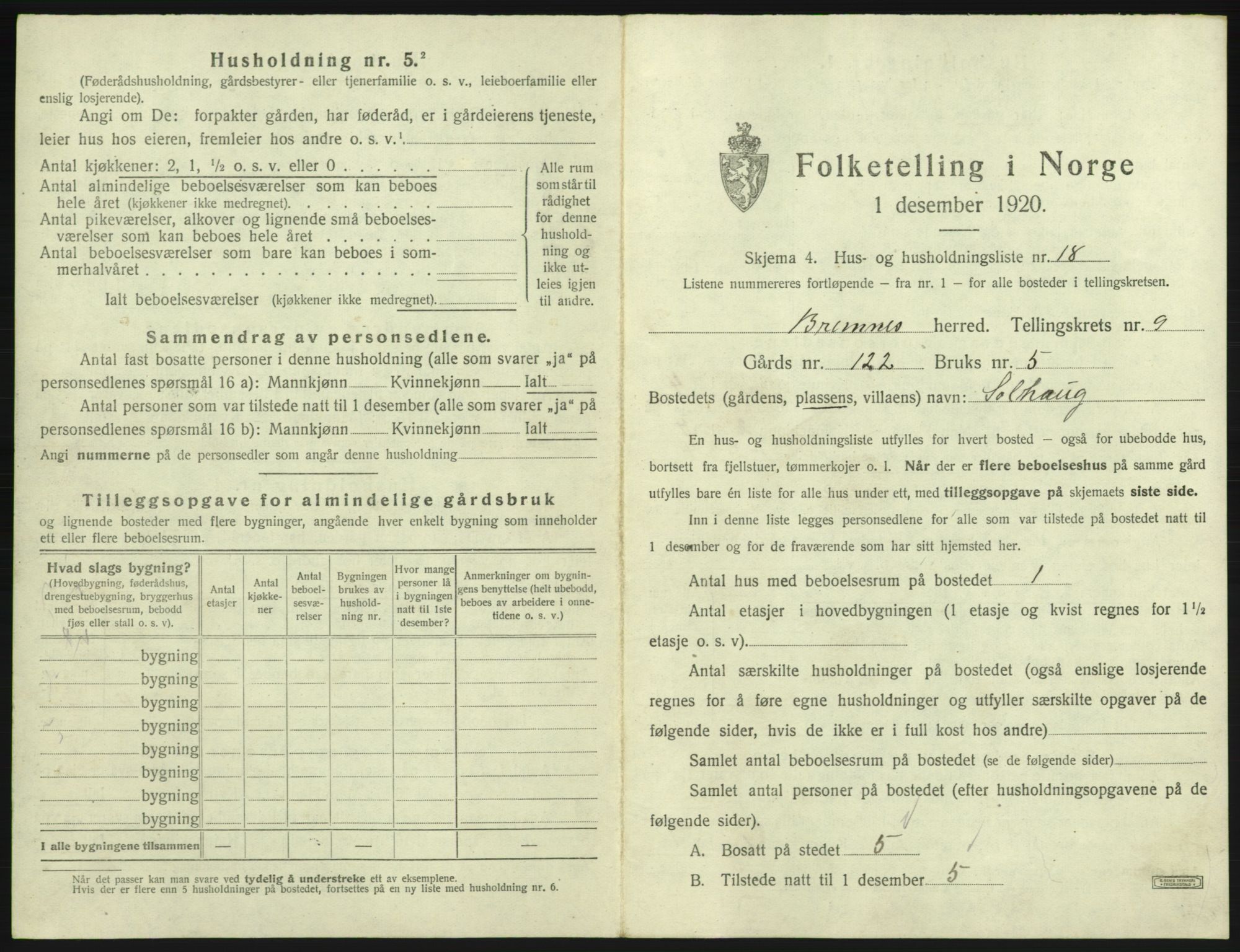 SAB, 1920 census for Bremnes, 1920, p. 813