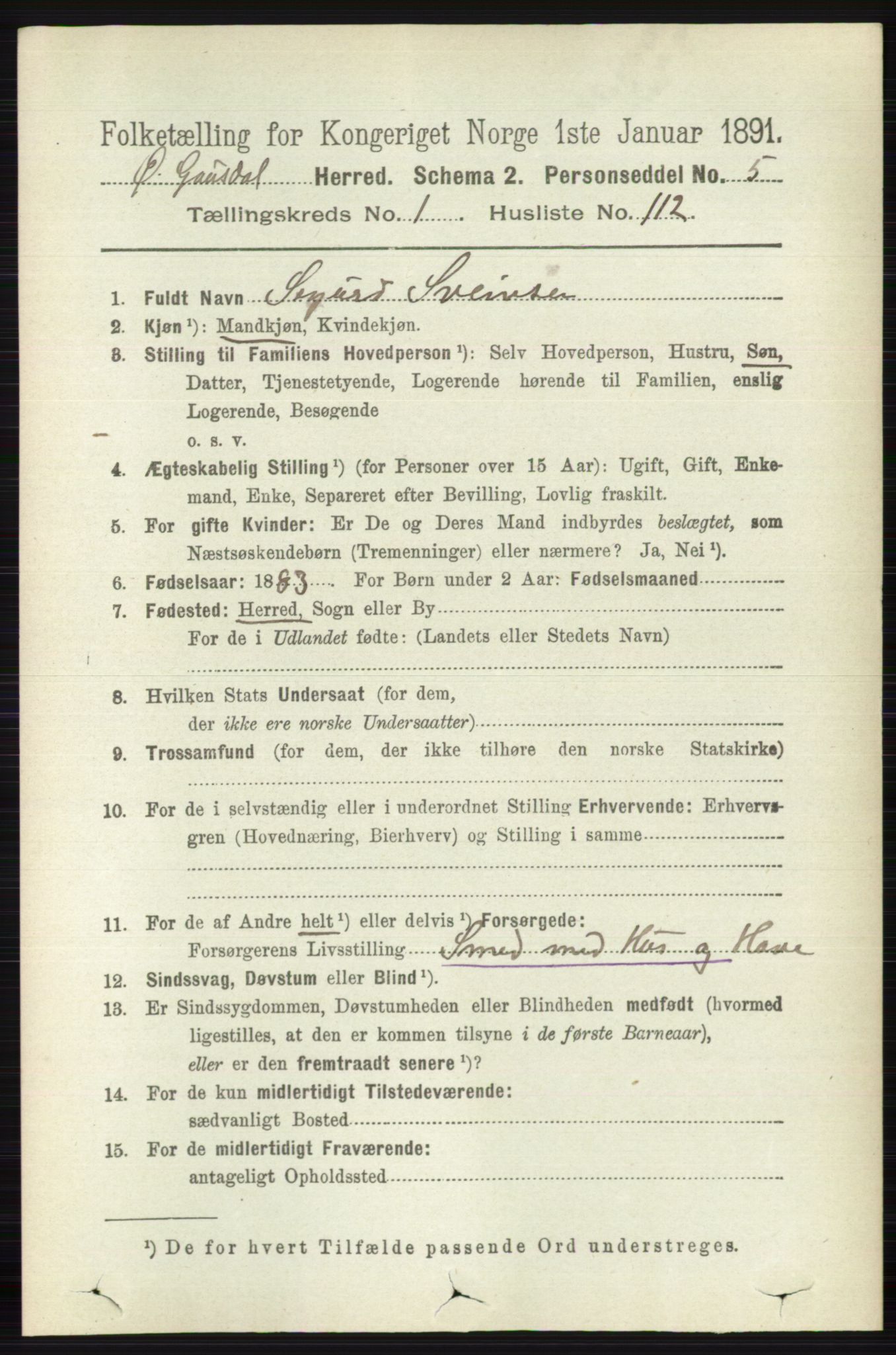RA, 1891 census for 0522 Østre Gausdal, 1891, p. 894