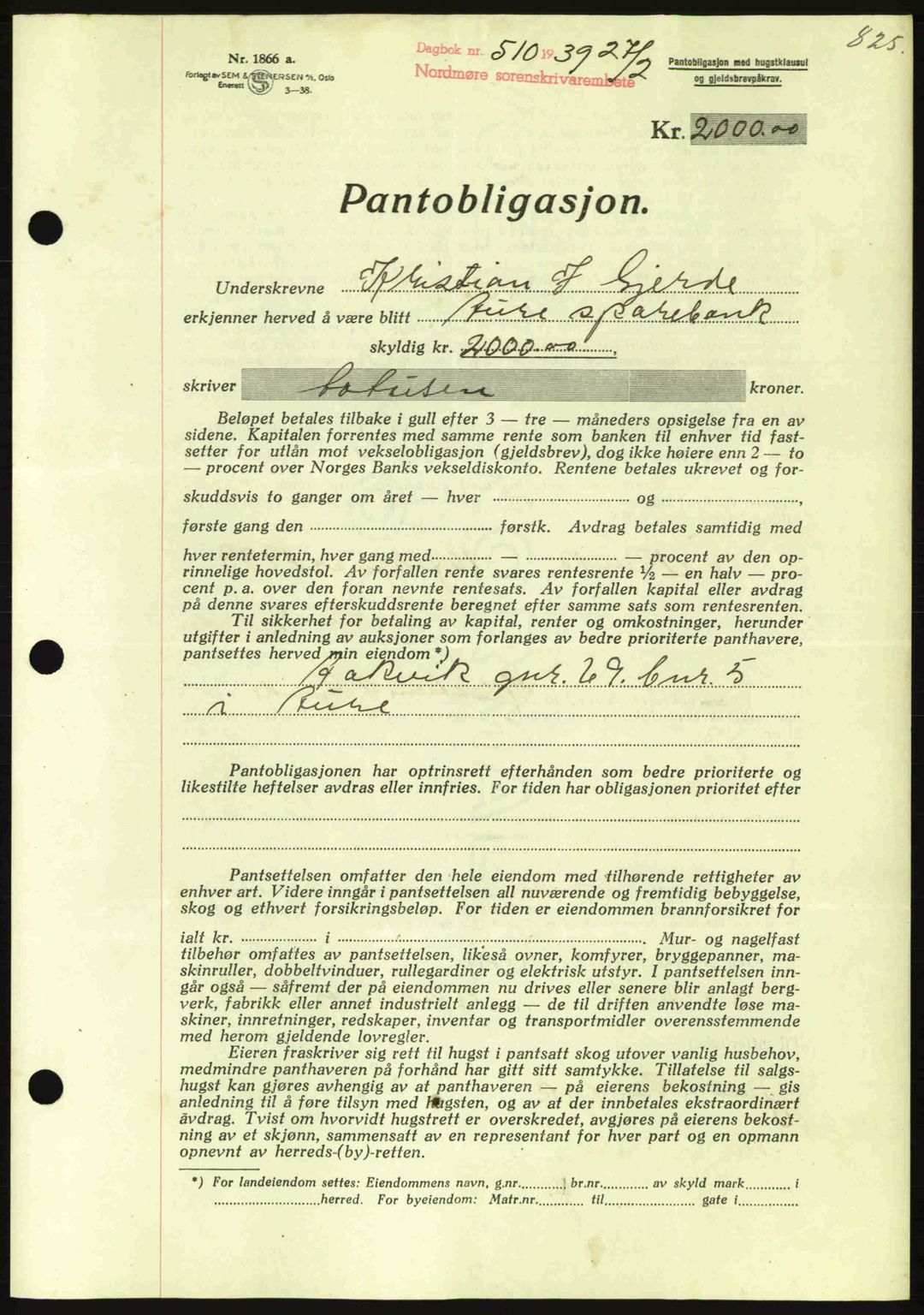 Nordmøre sorenskriveri, SAT/A-4132/1/2/2Ca: Mortgage book no. B84, 1938-1939, Diary no: : 510/1939