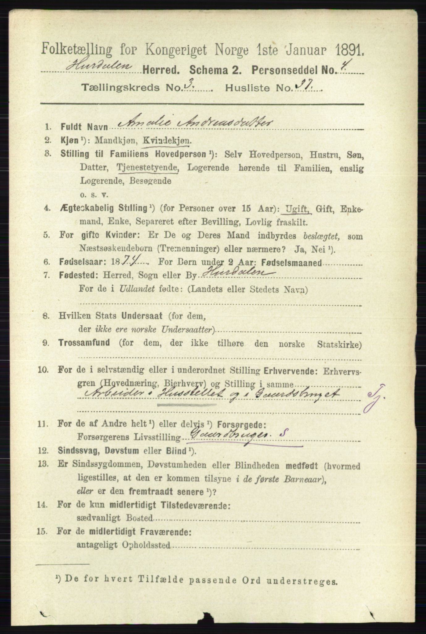 RA, 1891 census for 0239 Hurdal, 1891, p. 1316