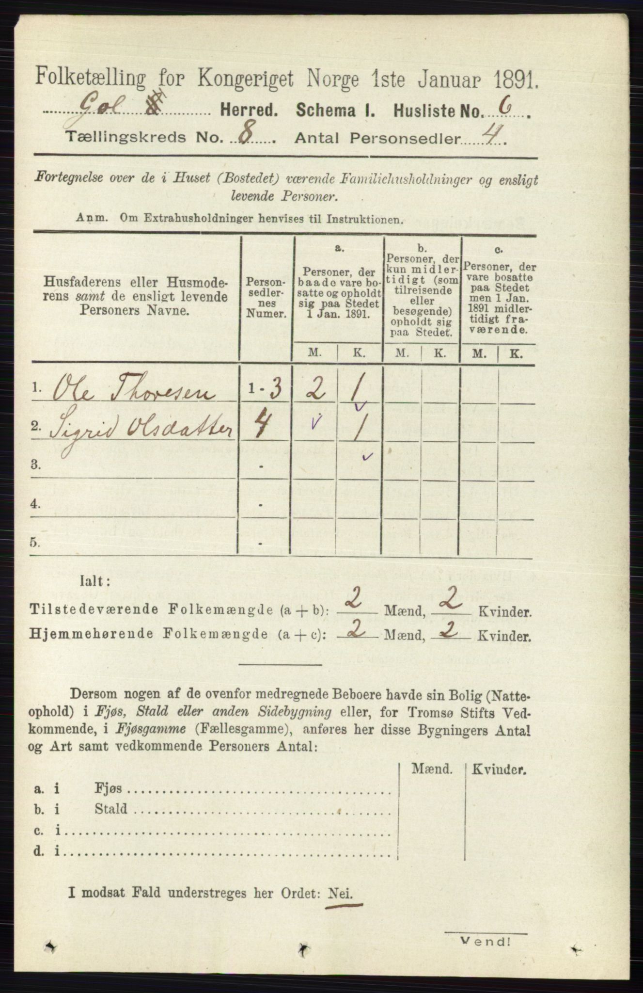 RA, 1891 census for 0617 Gol og Hemsedal, 1891, p. 2987