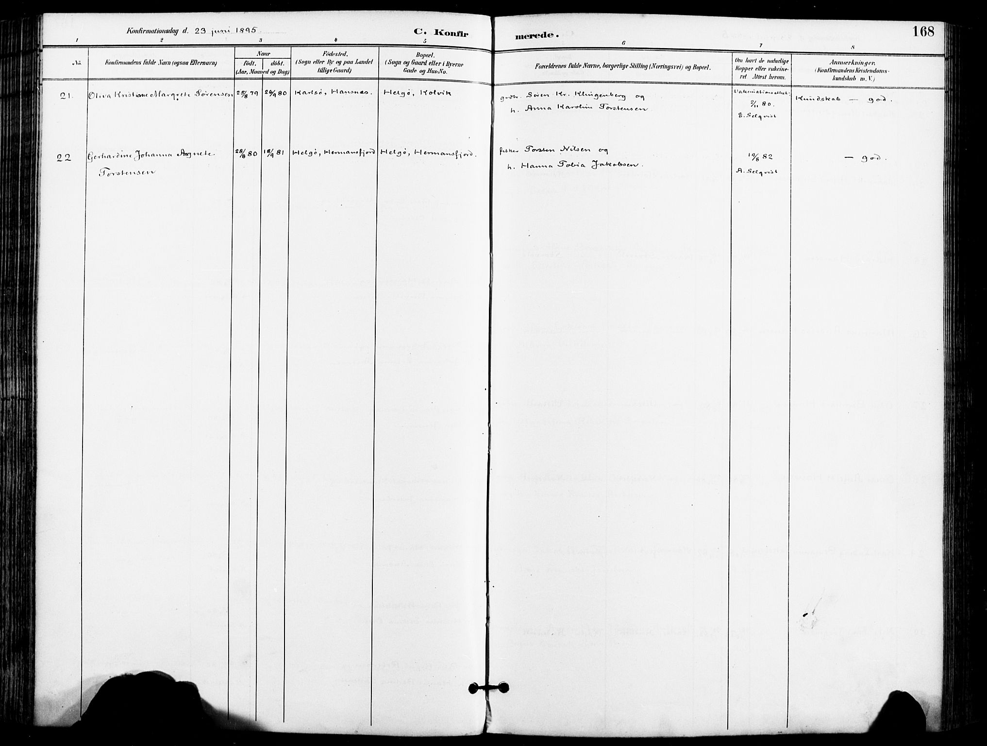 Karlsøy sokneprestembete, AV/SATØ-S-1299/H/Ha/Haa/L0007kirke: Parish register (official) no. 7, 1891-1902, p. 168