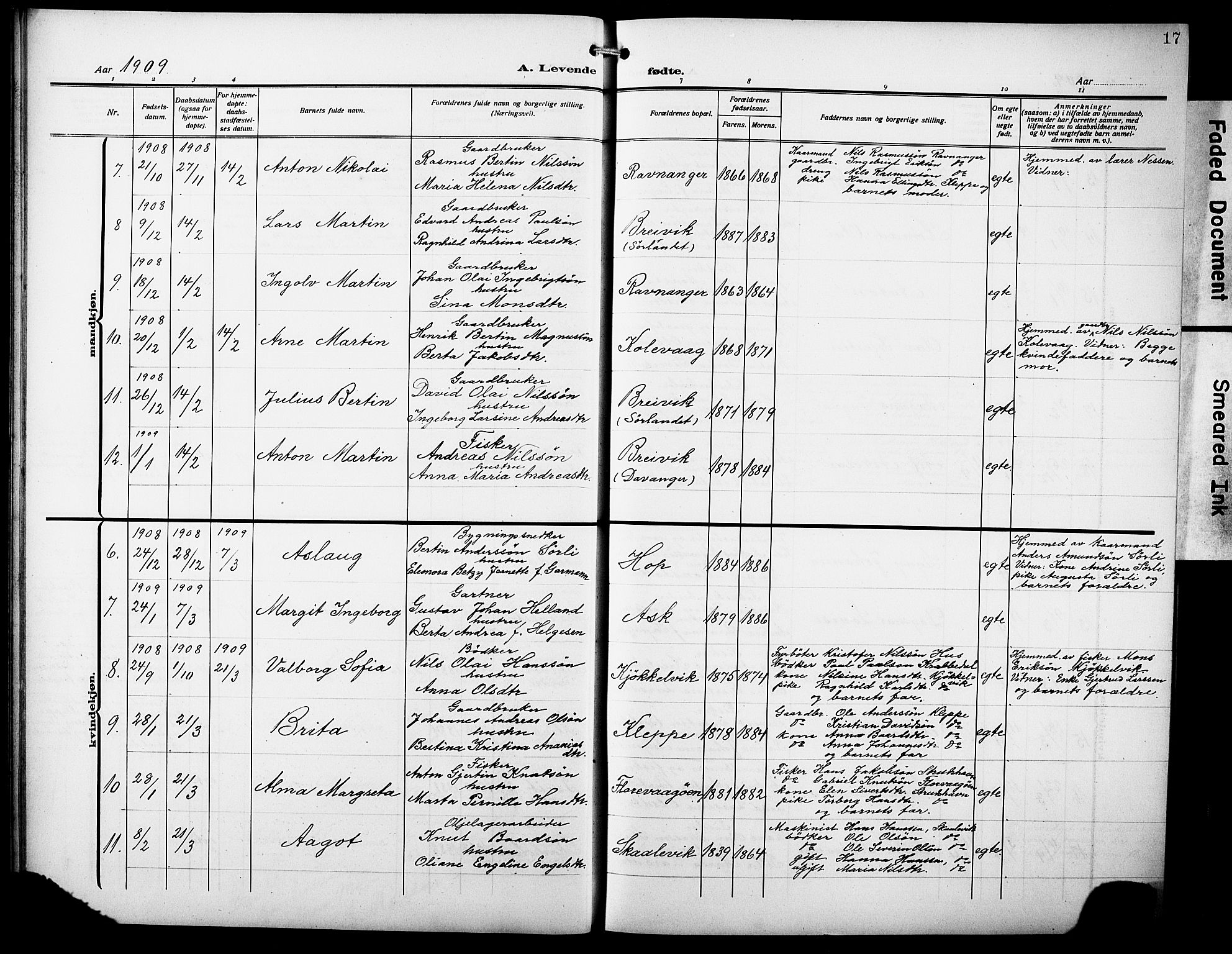 Askøy Sokneprestembete, AV/SAB-A-74101/H/Ha/Hab/Haba/L0011: Parish register (copy) no. A 11, 1908-1931, p. 17