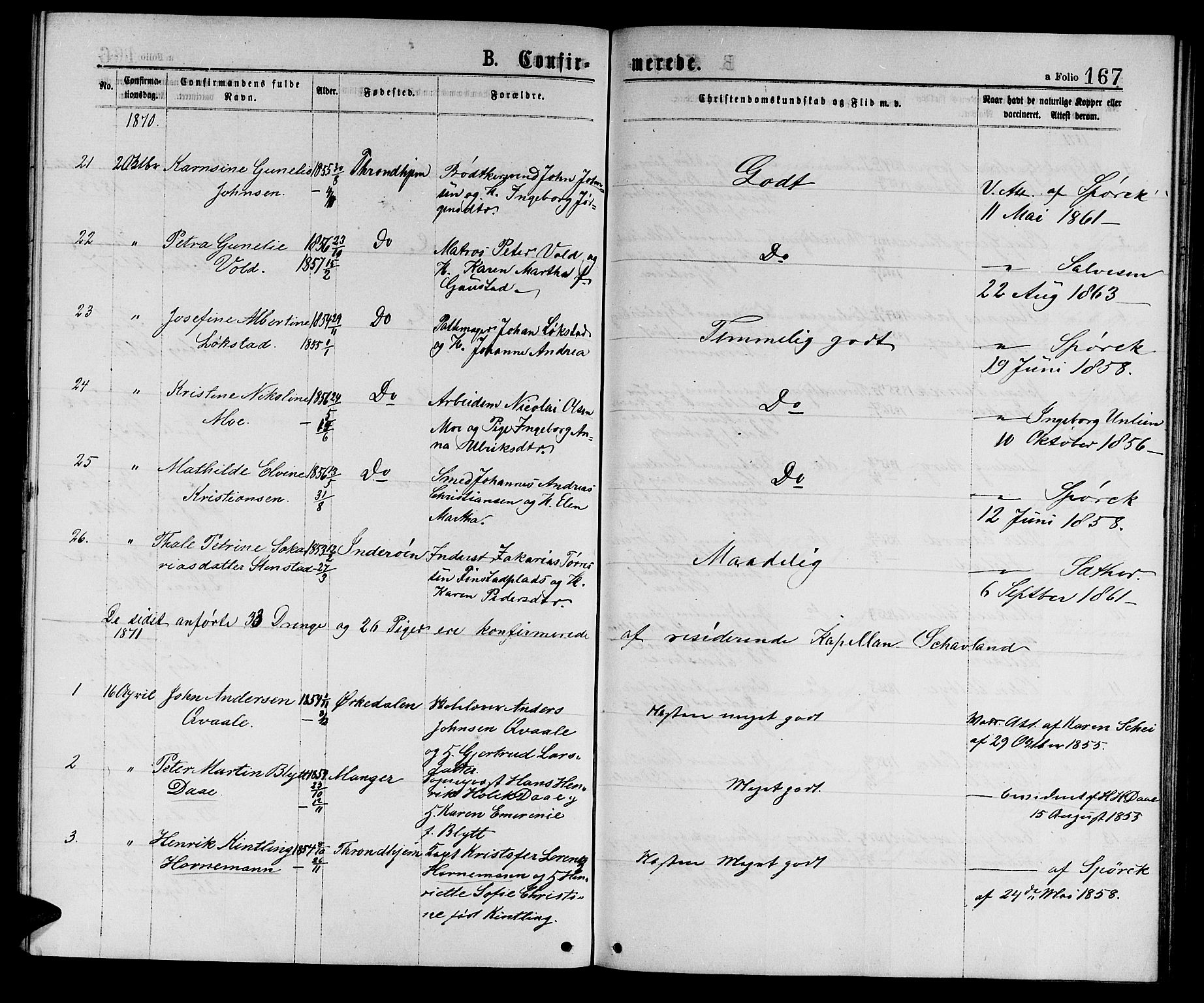 Ministerialprotokoller, klokkerbøker og fødselsregistre - Sør-Trøndelag, AV/SAT-A-1456/601/L0088: Parish register (copy) no. 601C06, 1870-1878, p. 167