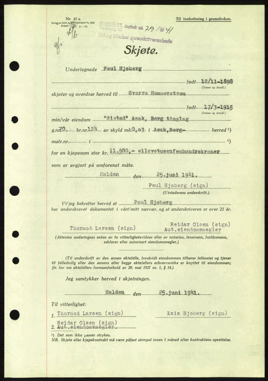 Idd og Marker sorenskriveri, AV/SAO-A-10283/G/Gb/Gbb/L0004: Mortgage book no. A4, 1940-1941, Diary no: : 719/1941