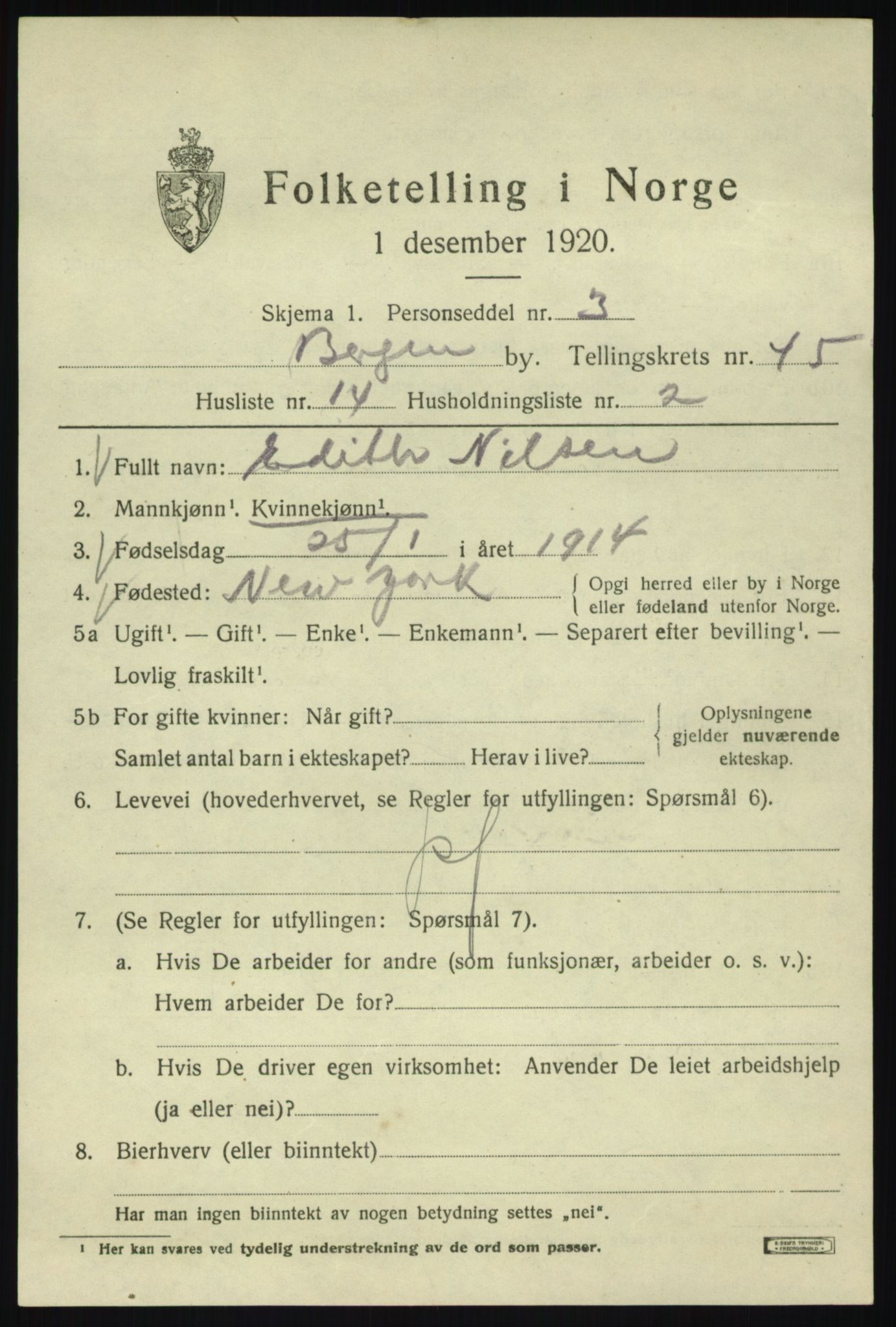 SAB, 1920 census for Bergen, 1920, p. 114174