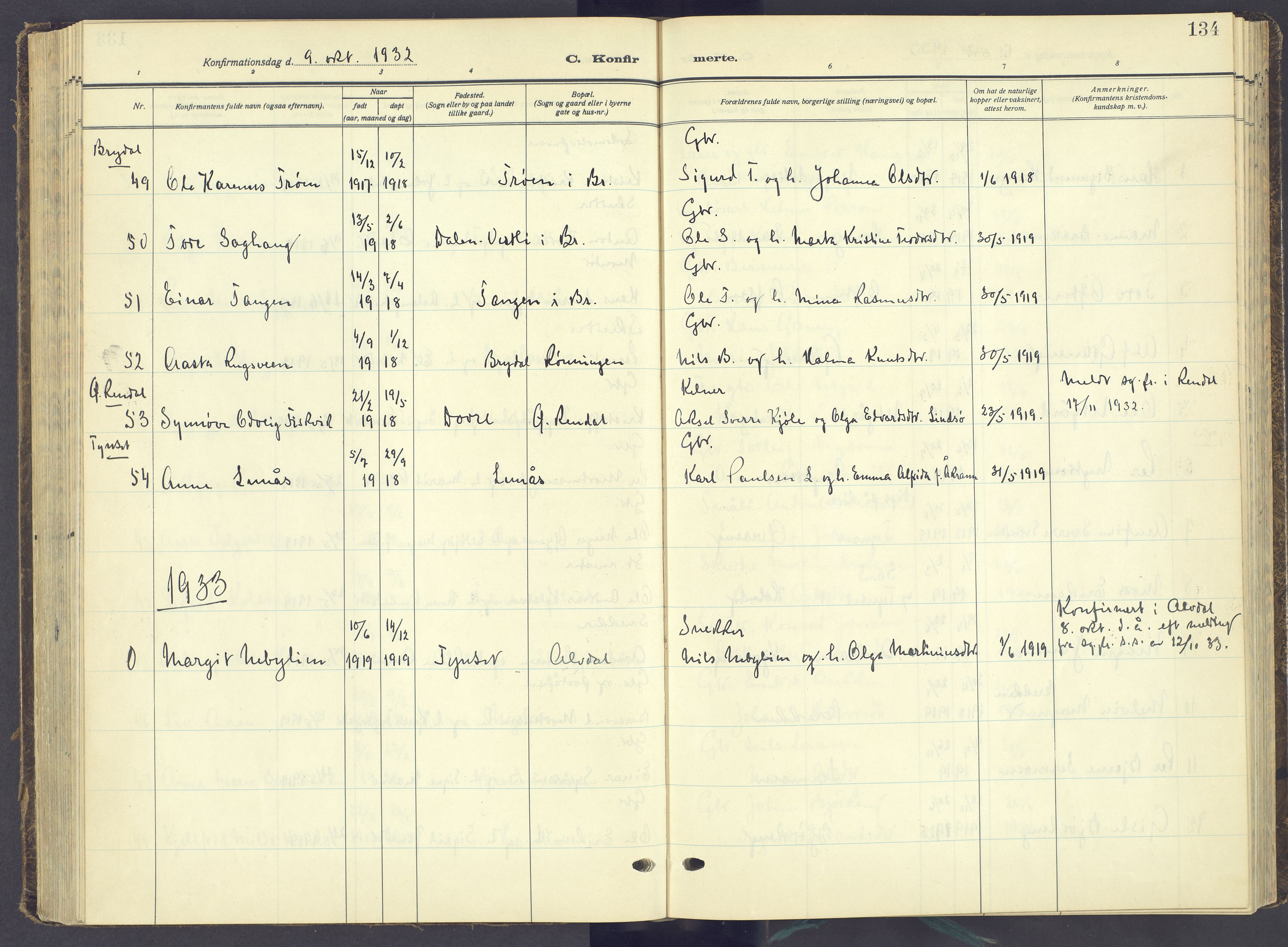 Tynset prestekontor, AV/SAH-PREST-058/H/Ha/Haa/L0027: Parish register (official) no. 27, 1930-1944, p. 134