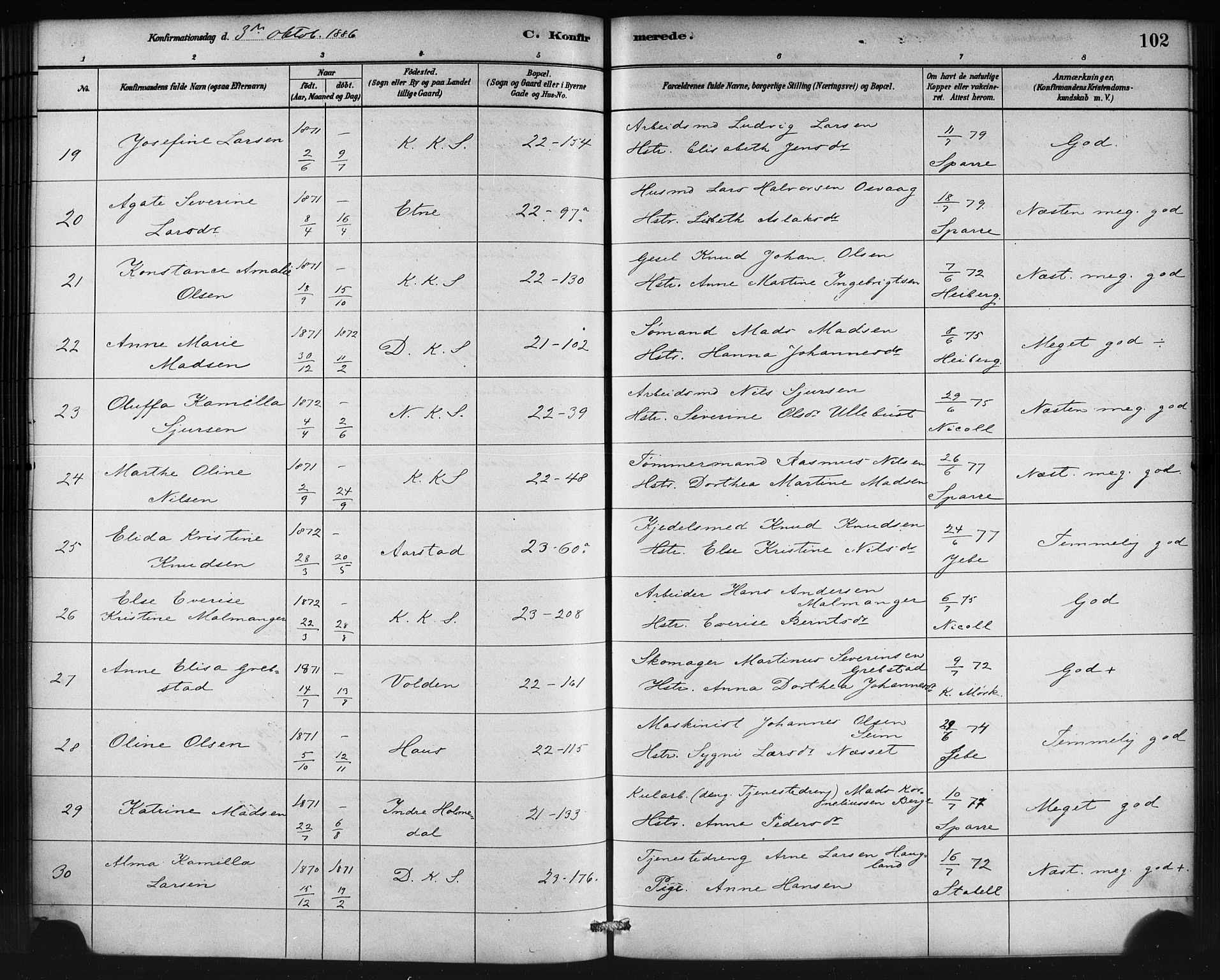 Korskirken sokneprestembete, AV/SAB-A-76101/H/Haa/L0029: Parish register (official) no. C 5, 1880-1892, p. 102