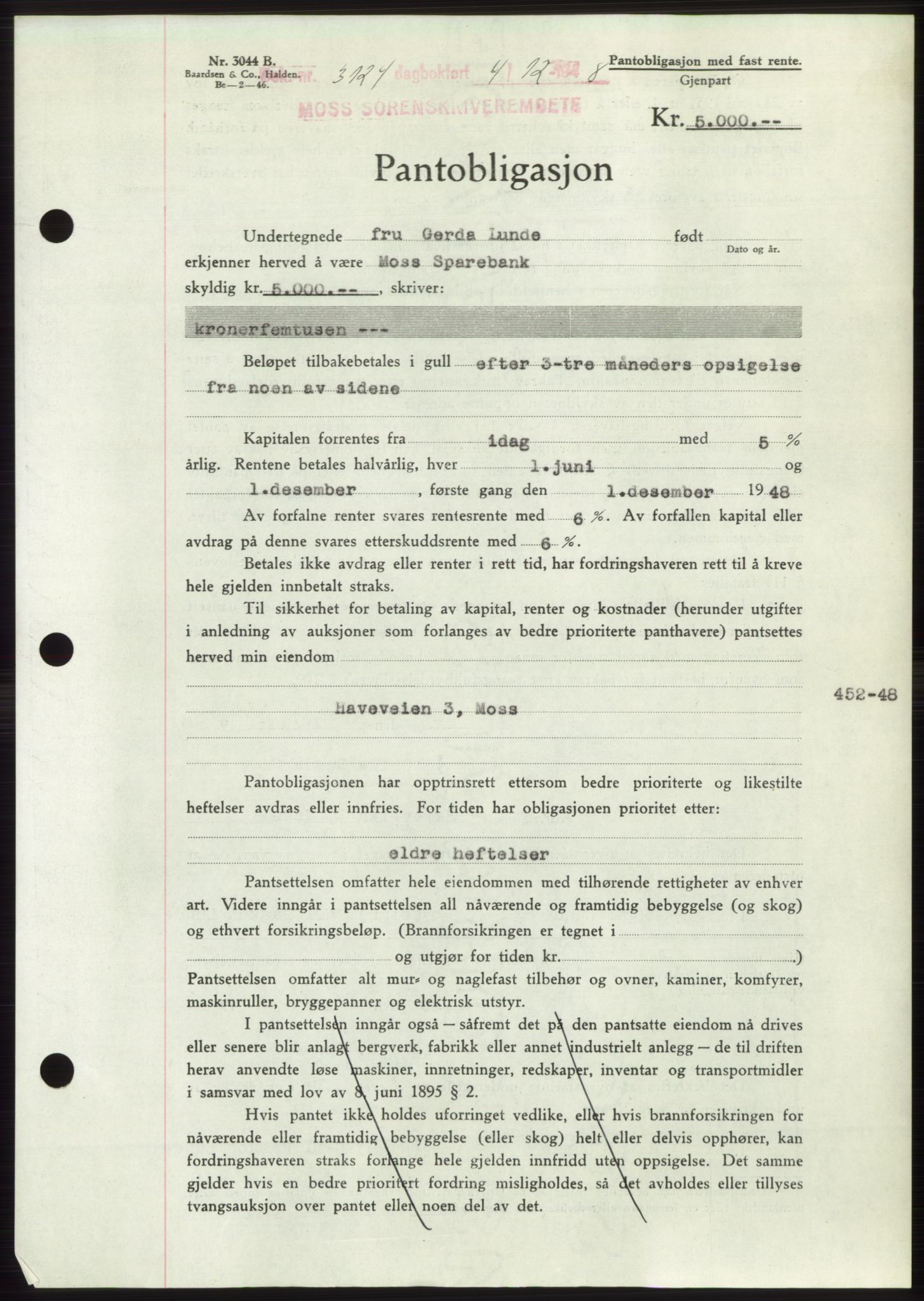 Moss sorenskriveri, AV/SAO-A-10168: Mortgage book no. B20, 1948-1948, Diary no: : 3124/1948