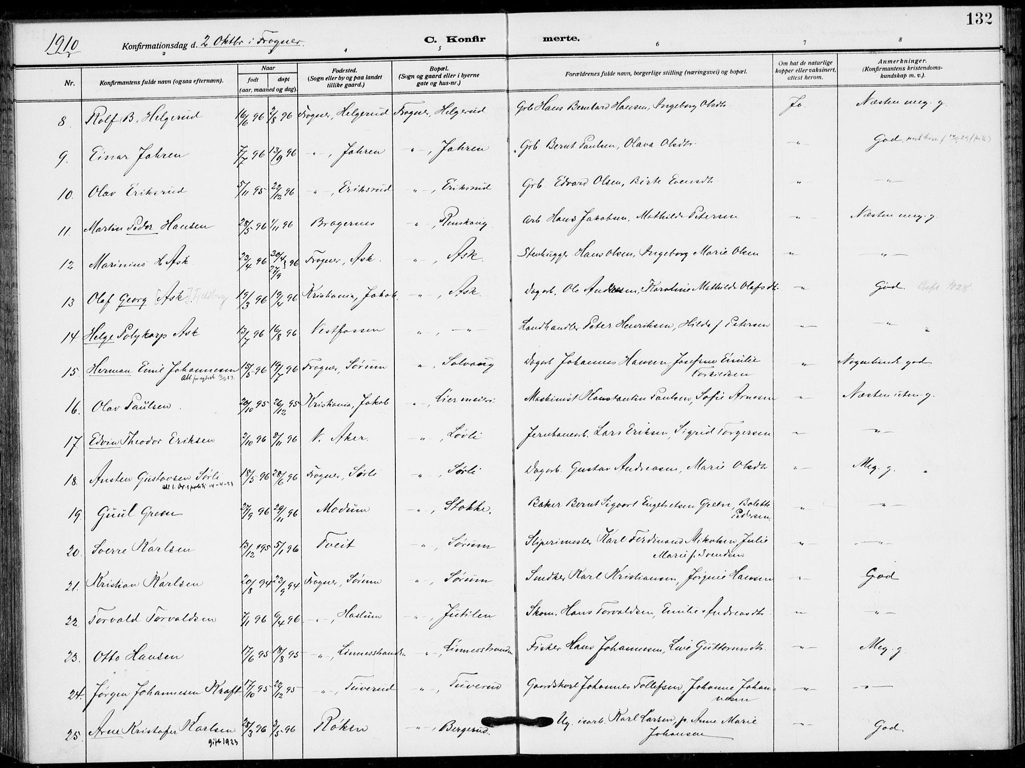 Lier kirkebøker, AV/SAKO-A-230/F/Fa/L0018: Parish register (official) no. I 18, 1909-1917, p. 132