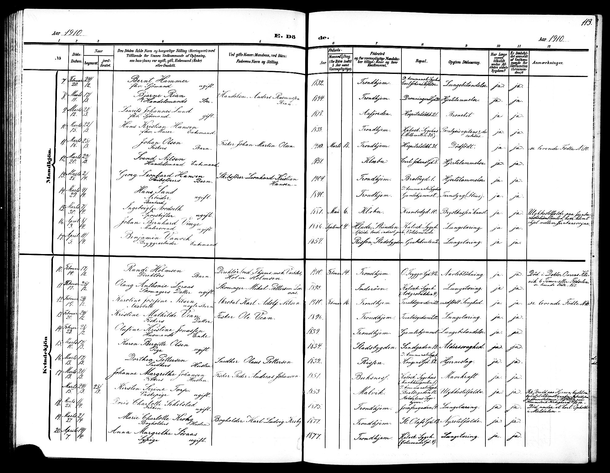 Ministerialprotokoller, klokkerbøker og fødselsregistre - Sør-Trøndelag, SAT/A-1456/602/L0146: Parish register (copy) no. 602C14, 1904-1914, p. 113