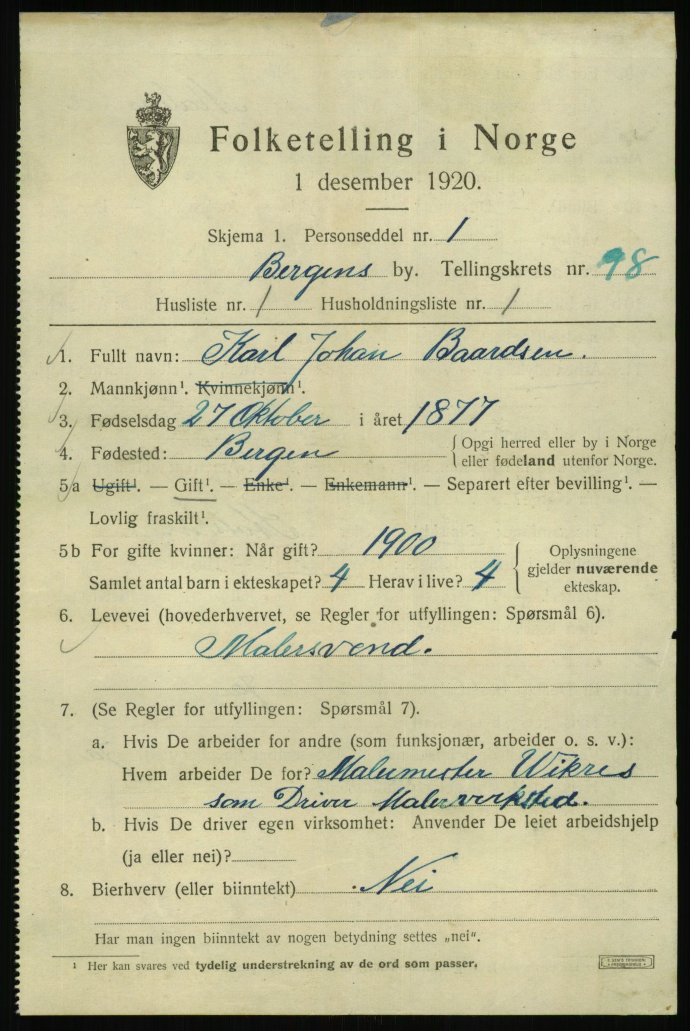 SAB, 1920 census for Bergen, 1920, p. 172078