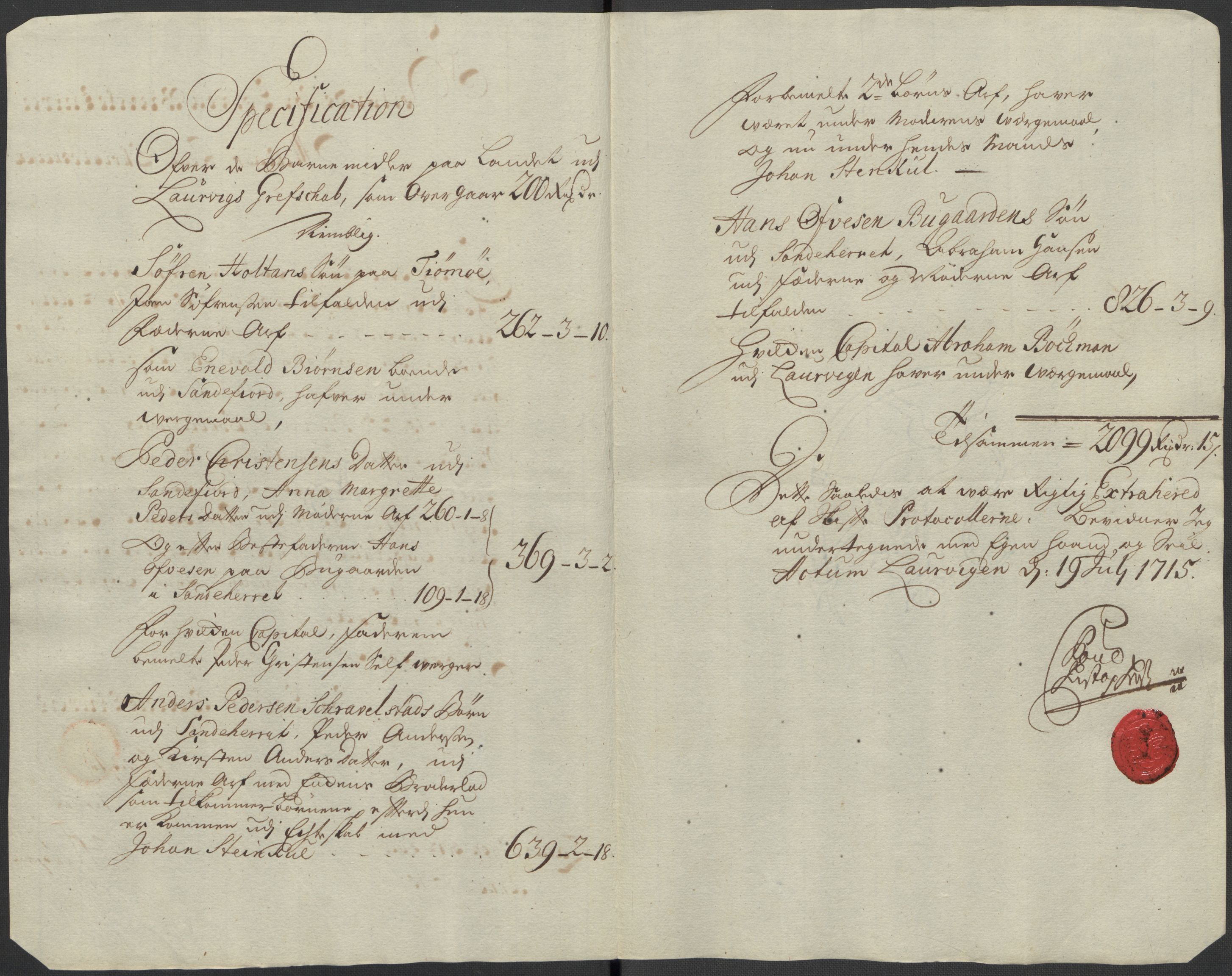 Rentekammeret inntil 1814, Reviderte regnskaper, Fogderegnskap, AV/RA-EA-4092/R33/L1986: Fogderegnskap Larvik grevskap, 1714-1715, p. 489