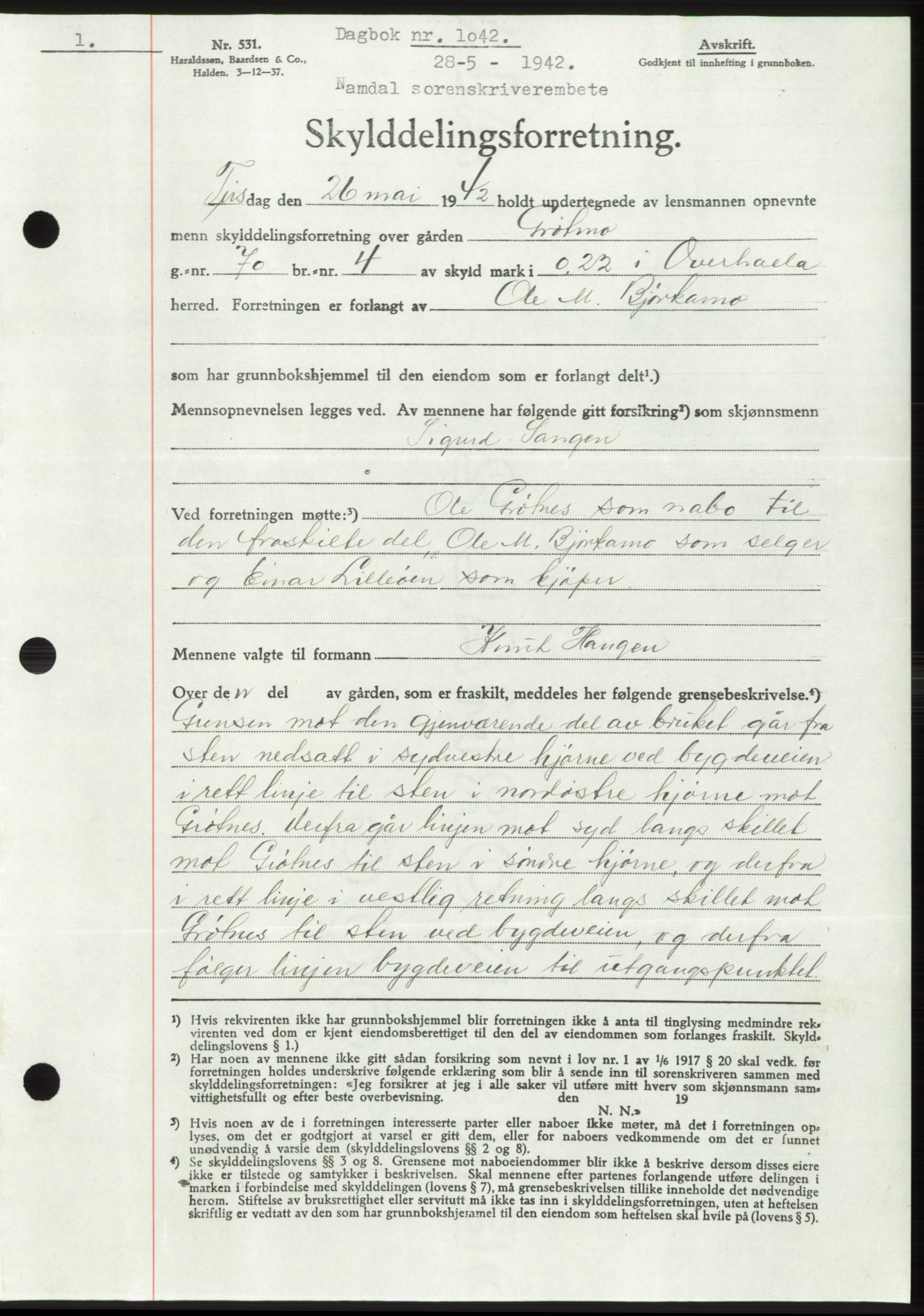 Namdal sorenskriveri, AV/SAT-A-4133/1/2/2C: Mortgage book no. -, 1941-1942, Diary no: : 1042/1942