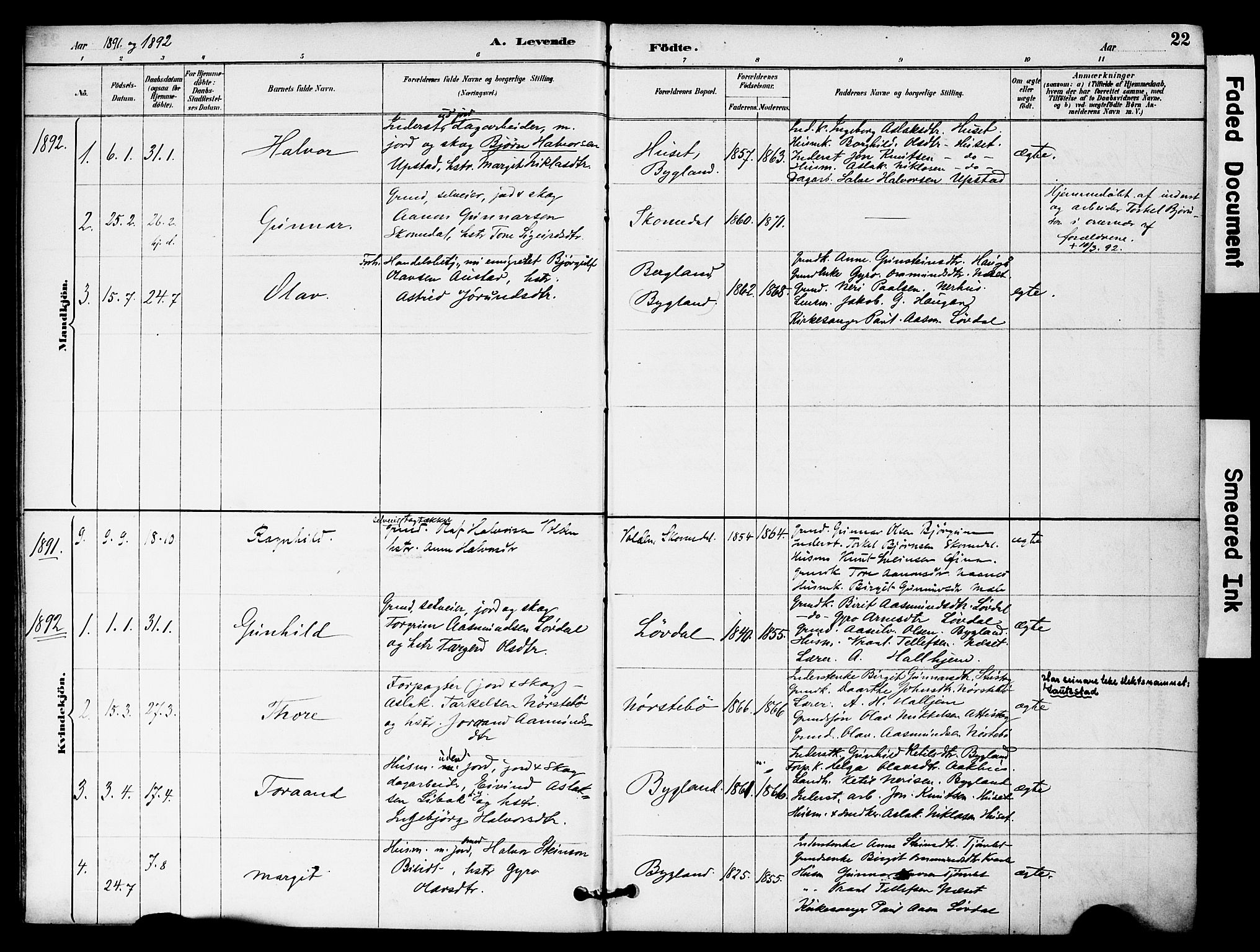 Bygland sokneprestkontor, AV/SAK-1111-0006/F/Fa/Fab/L0007: Parish register (official) no. A 7, 1885-1909, p. 22