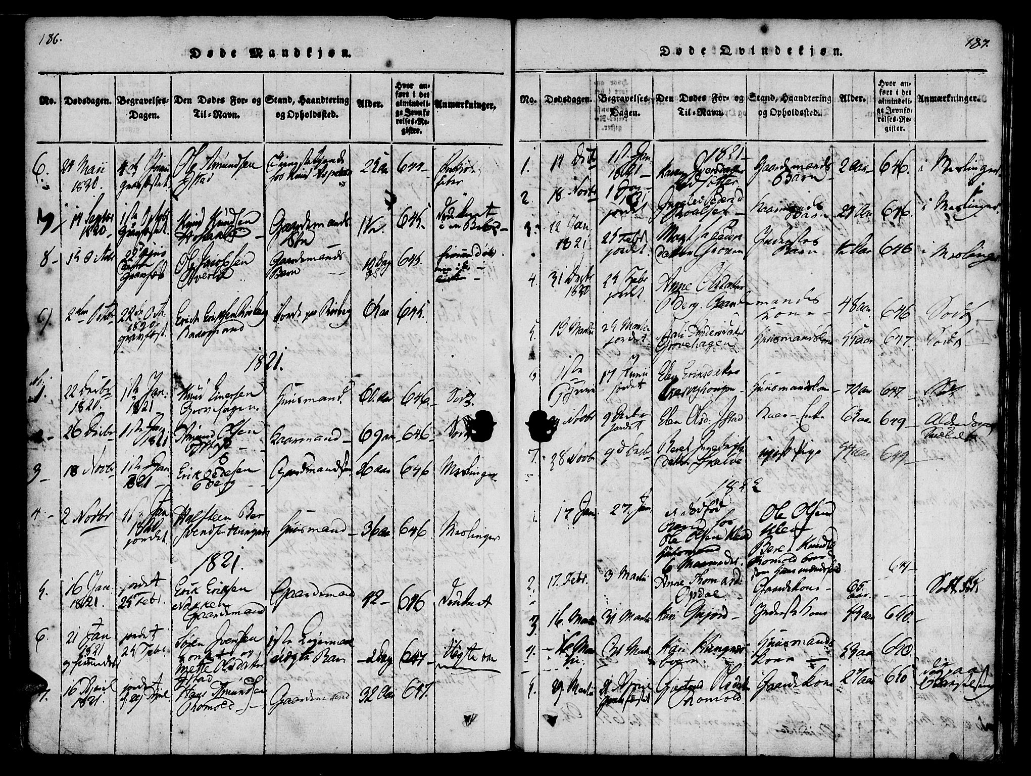 Ministerialprotokoller, klokkerbøker og fødselsregistre - Møre og Romsdal, AV/SAT-A-1454/557/L0679: Parish register (official) no. 557A01, 1818-1843, p. 186-187