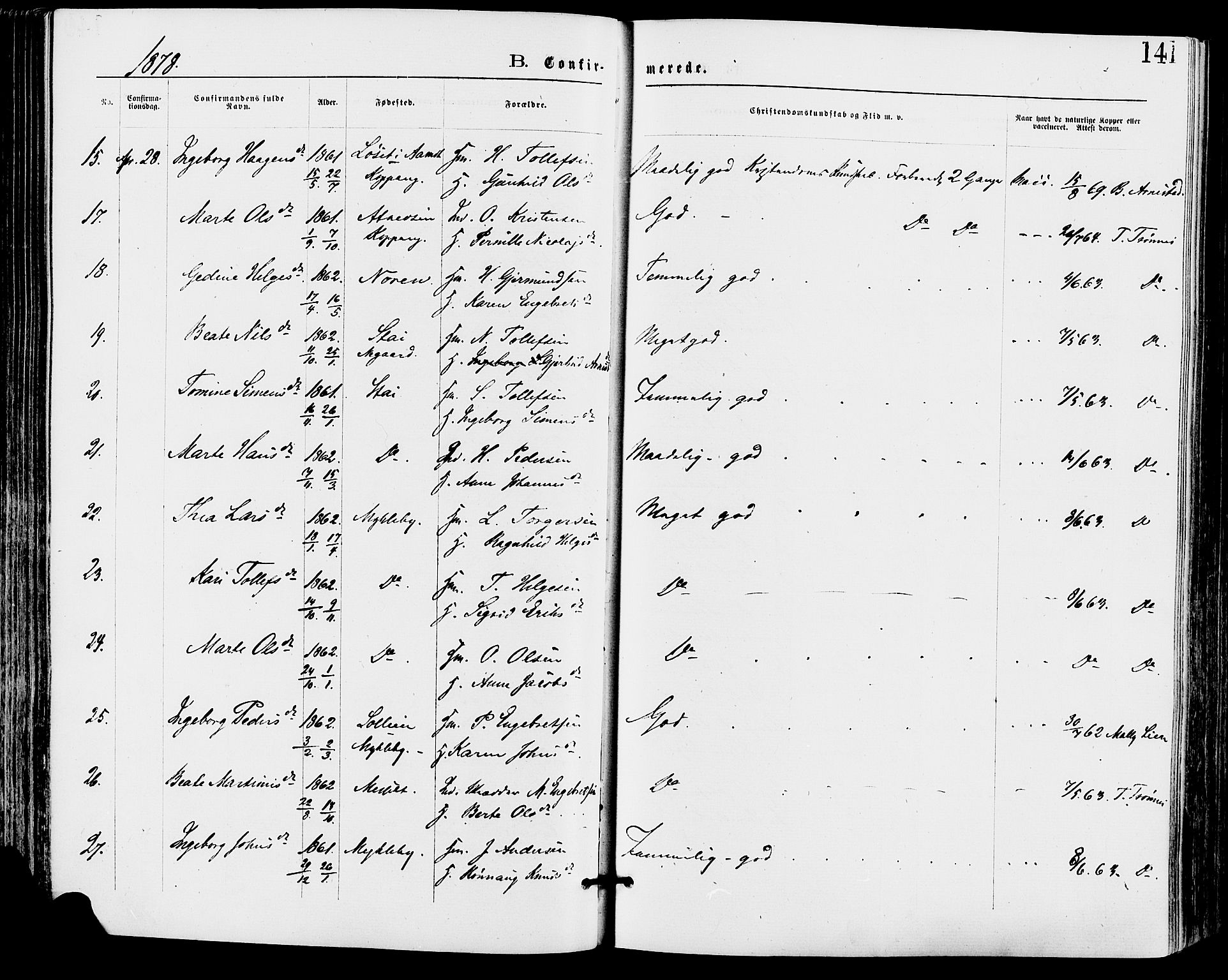 Stor-Elvdal prestekontor, SAH/PREST-052/H/Ha/Haa/L0001: Parish register (official) no. 1, 1871-1882, p. 141
