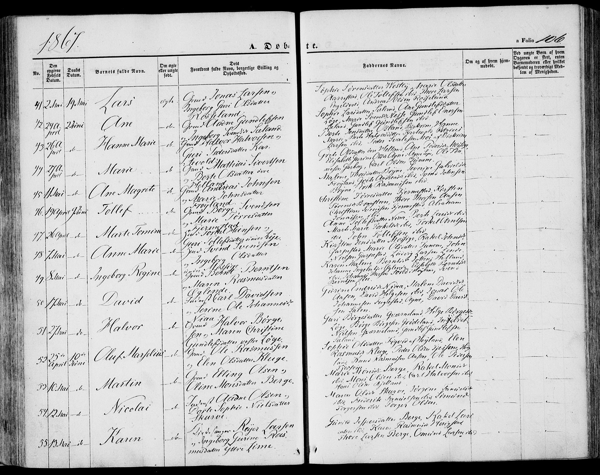 Lye sokneprestkontor, SAST/A-101794/001/30BA/L0007: Parish register (official) no. A 6, 1856-1871, p. 106