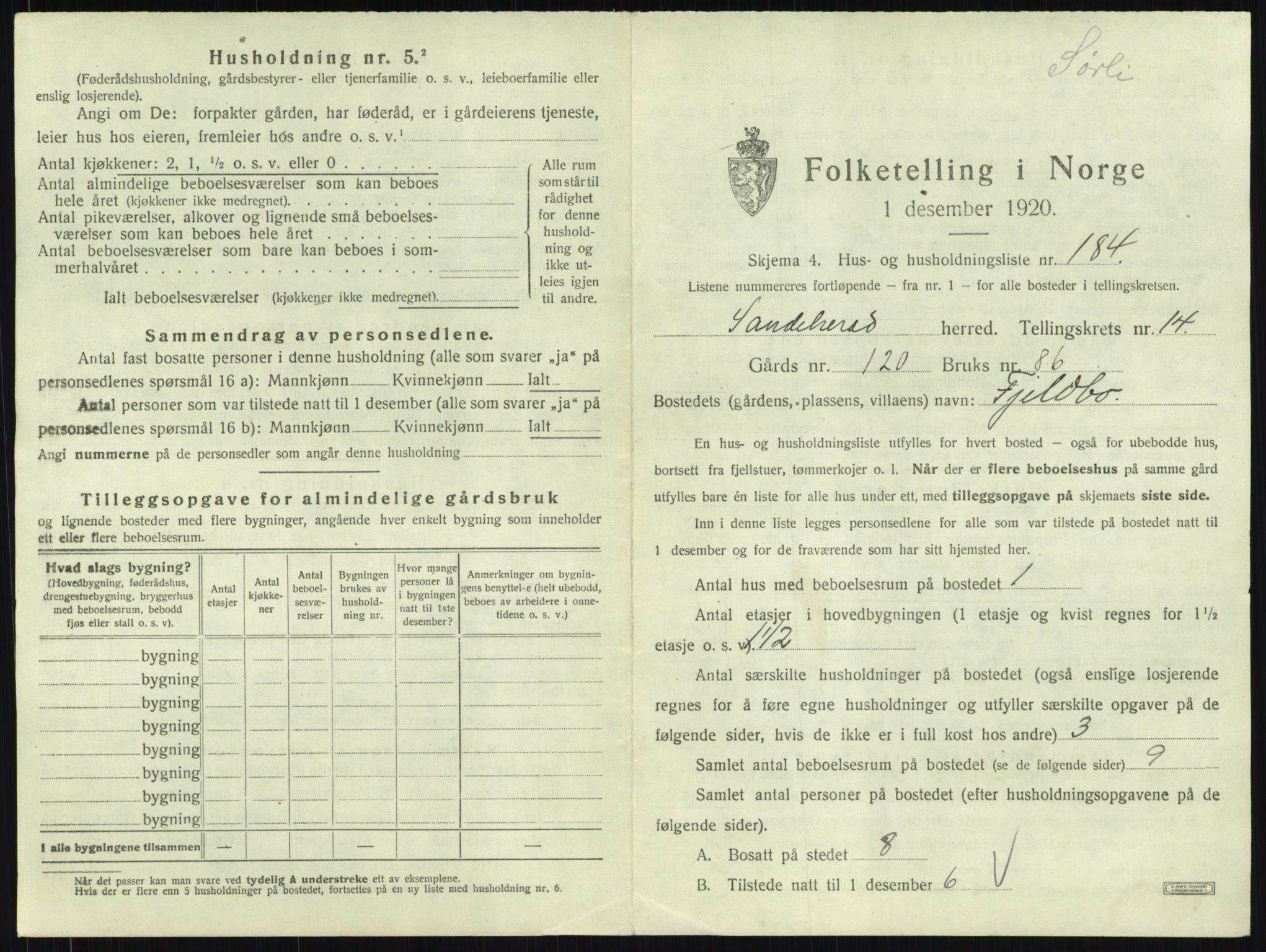 SAKO, 1920 census for Sandeherred, 1920, p. 3230