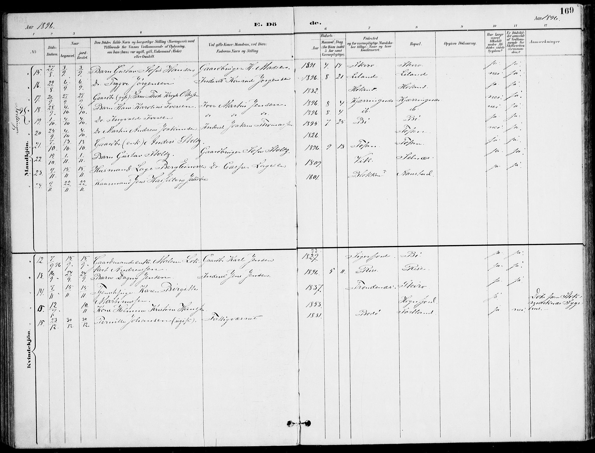 Ministerialprotokoller, klokkerbøker og fødselsregistre - Nordland, SAT/A-1459/895/L1372: Parish register (official) no. 895A07, 1894-1914, p. 169