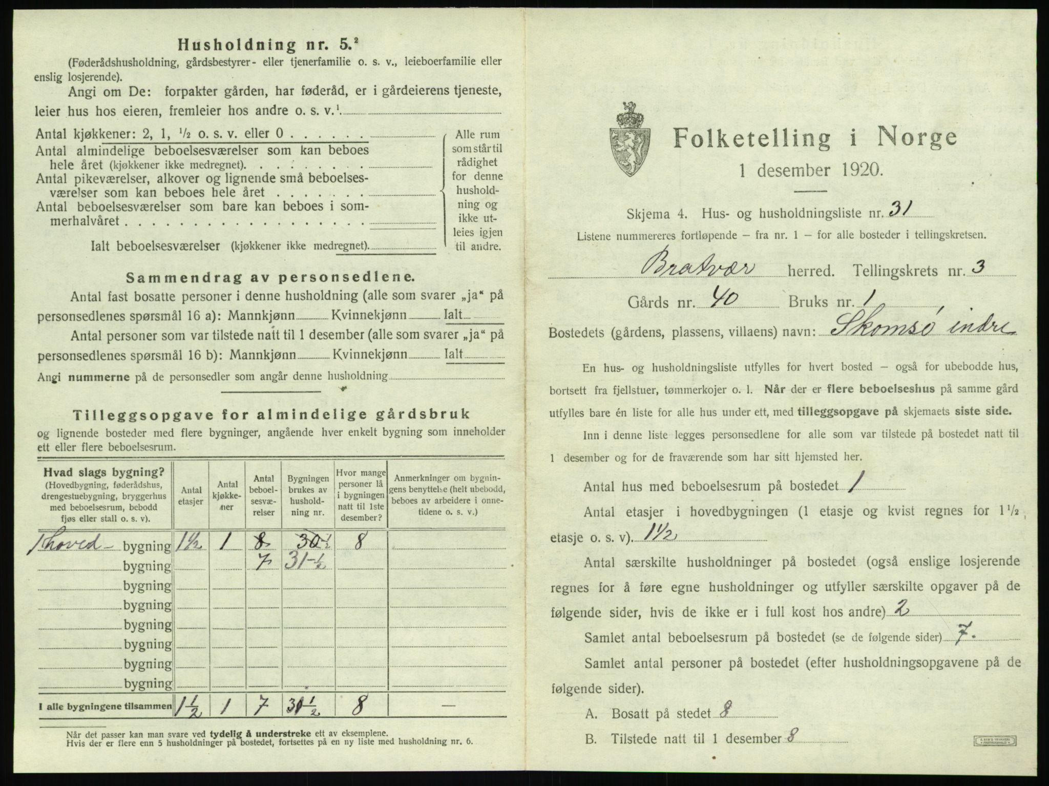 SAT, 1920 census for Brattvær, 1920, p. 178