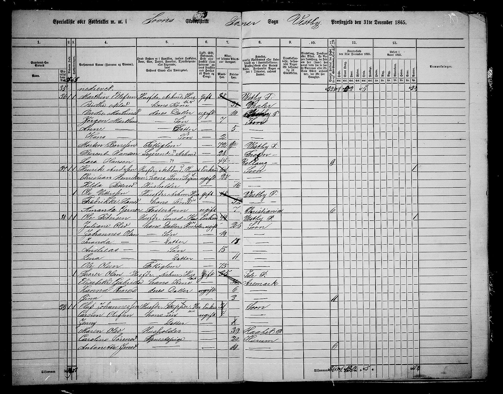 RA, 1865 census for Vestby, 1865, p. 160