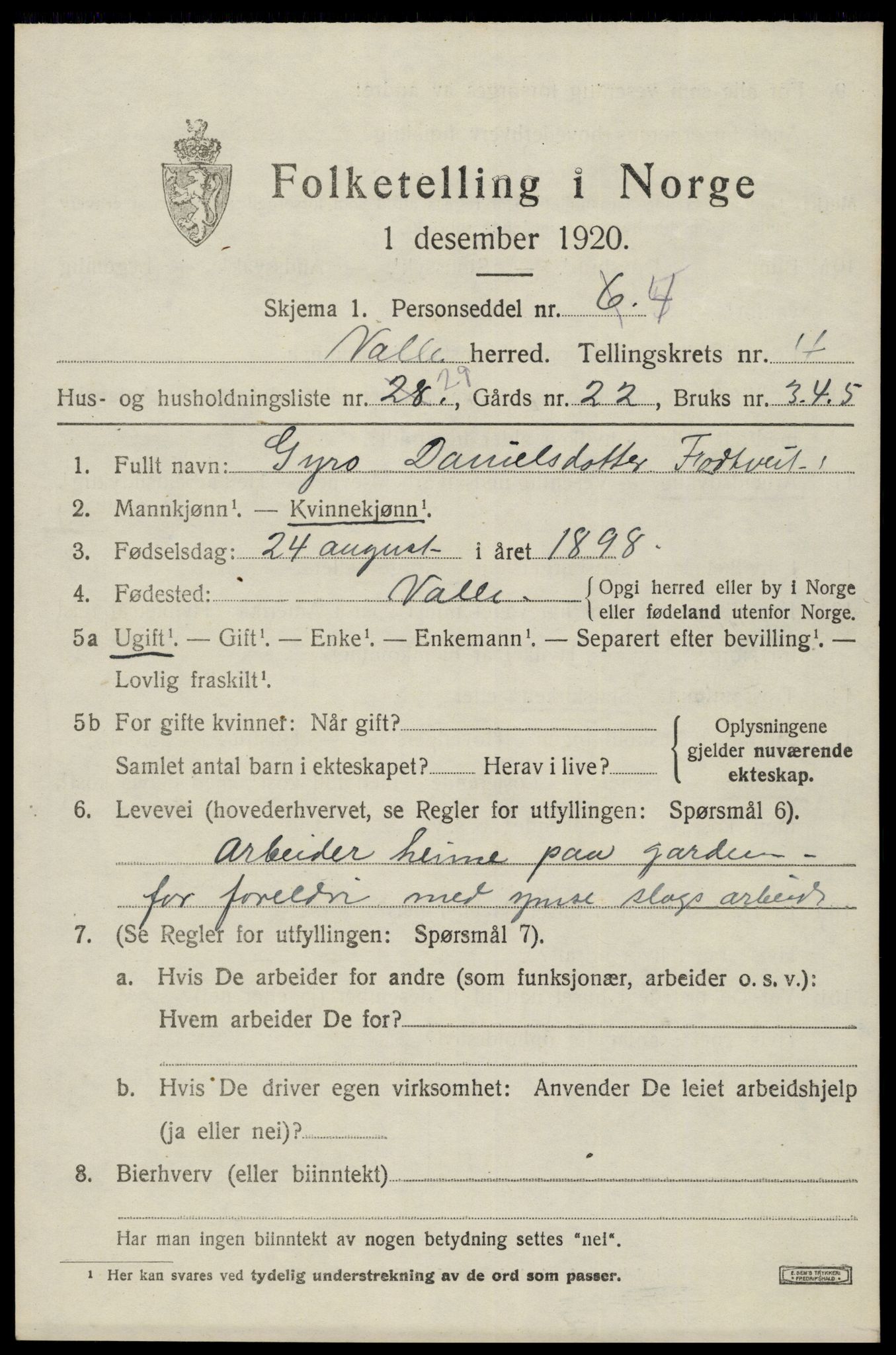 SAK, 1920 census for Valle, 1920, p. 2319
