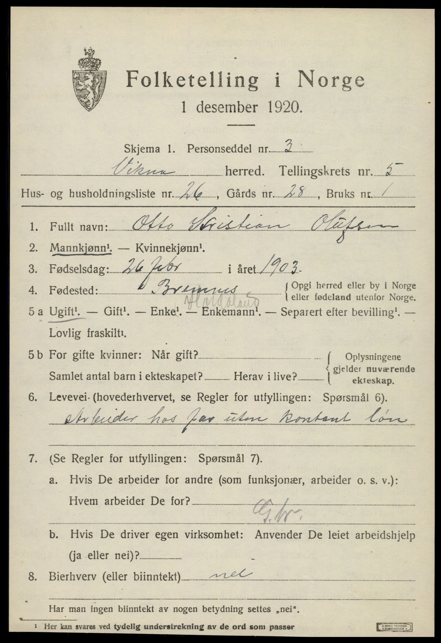 SAT, 1920 census for Vikna, 1920, p. 4985