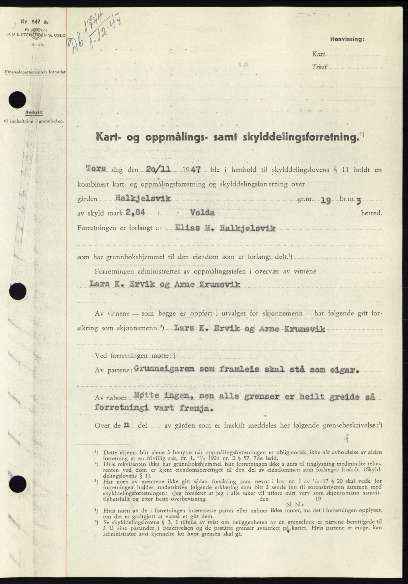 Søre Sunnmøre sorenskriveri, AV/SAT-A-4122/1/2/2C/L0081: Mortgage book no. 7A, 1947-1948, Diary no: : 1744/1947