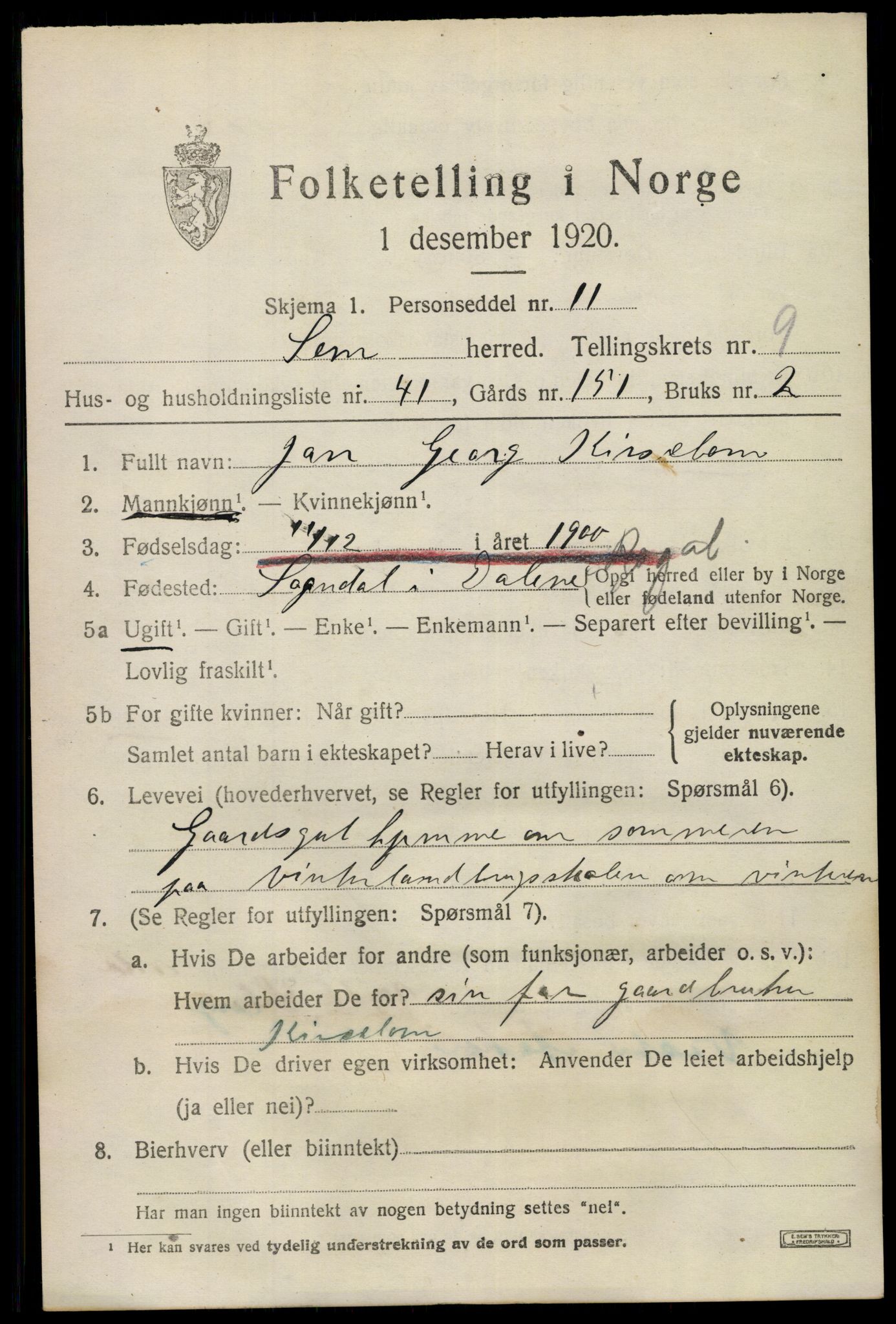 SAKO, 1920 census for Sem, 1920, p. 12993