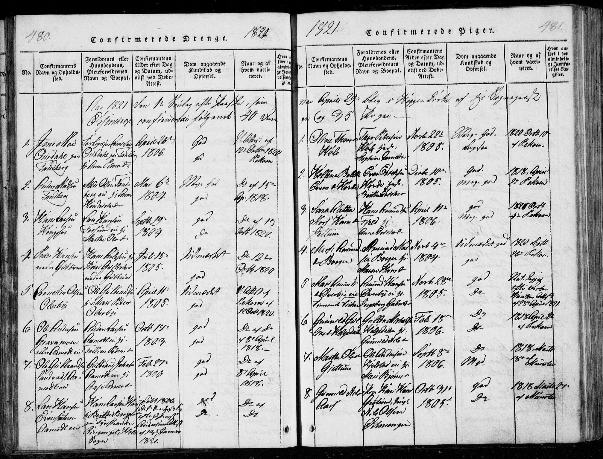 Modum kirkebøker, SAKO/A-234/G/Ga/L0001: Parish register (copy) no. I 1, 1818-1824, p. 480-481