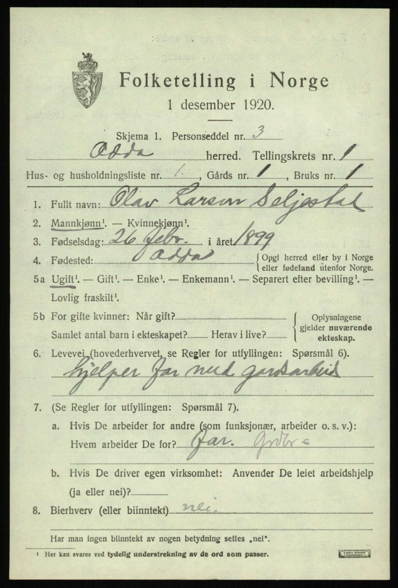 SAB, 1920 census for Odda, 1920, p. 1369