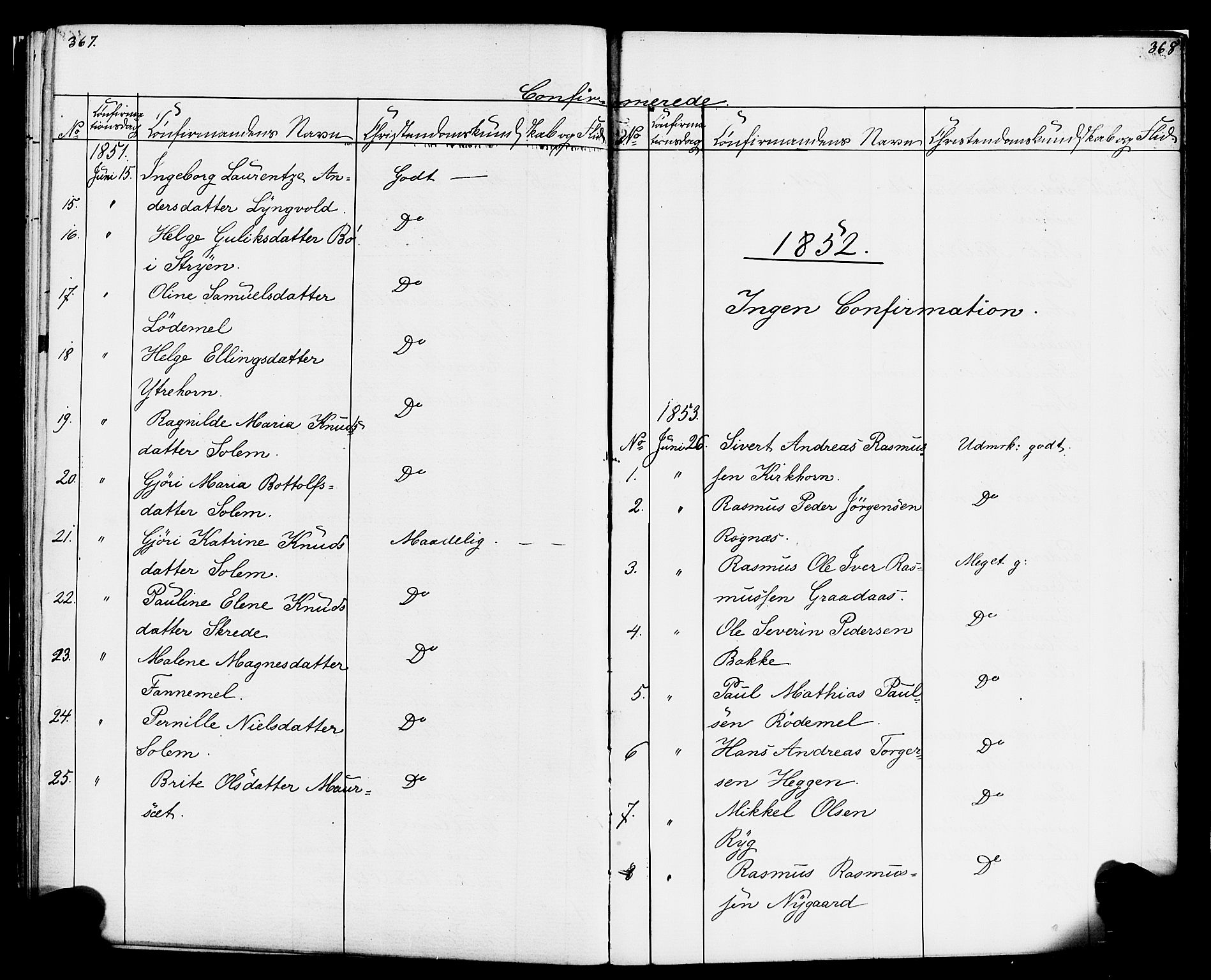 Hornindal sokneprestembete, SAB/A-82401/H/Haa/Haaa/L0001: Parish register (official) no. A 1, 1837-1866, p. 368-369