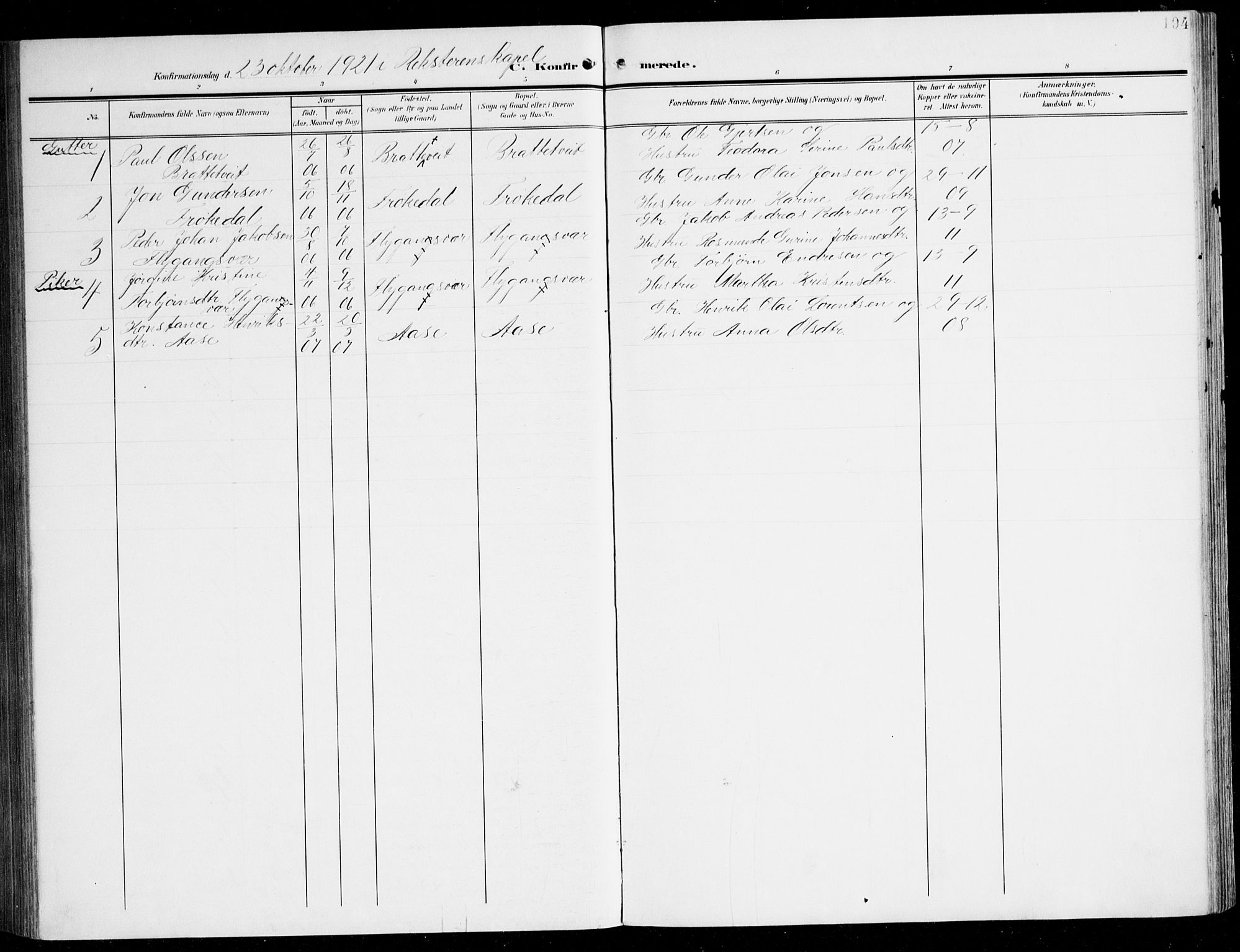 Tysnes sokneprestembete, AV/SAB-A-78601/H/Haa: Parish register (official) no. D 2, 1905-1922, p. 194