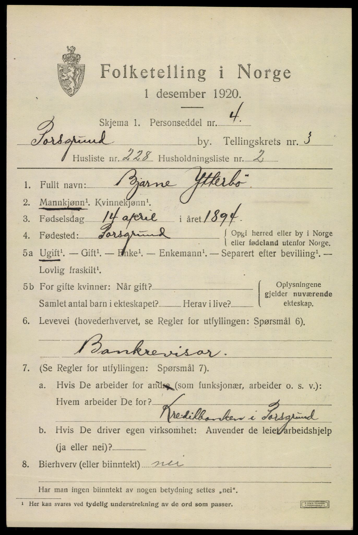 SAKO, 1920 census for Porsgrunn, 1920, p. 17307
