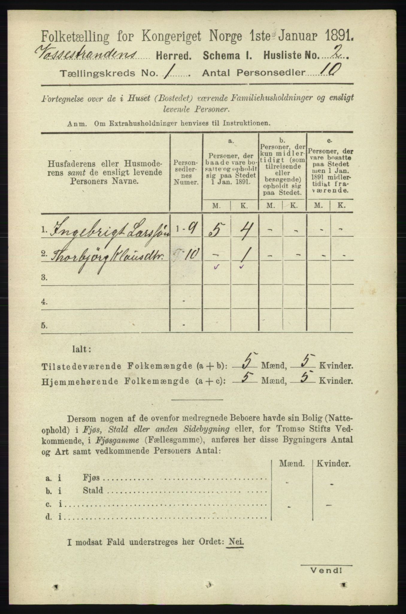 RA, 1891 census for 1236 Vossestrand, 1891, p. 21
