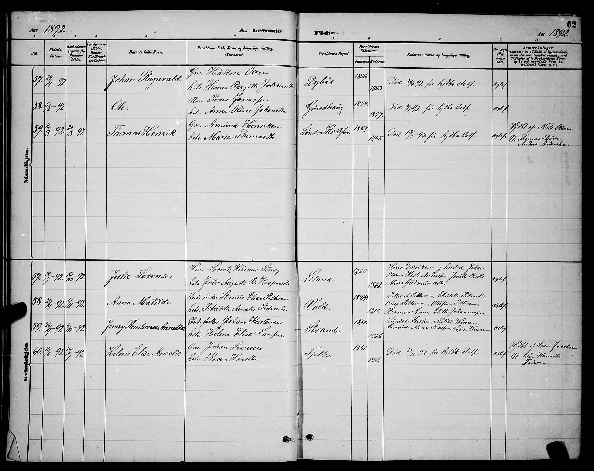 Ministerialprotokoller, klokkerbøker og fødselsregistre - Nordland, AV/SAT-A-1459/863/L0914: Parish register (copy) no. 863C04, 1886-1897, p. 62